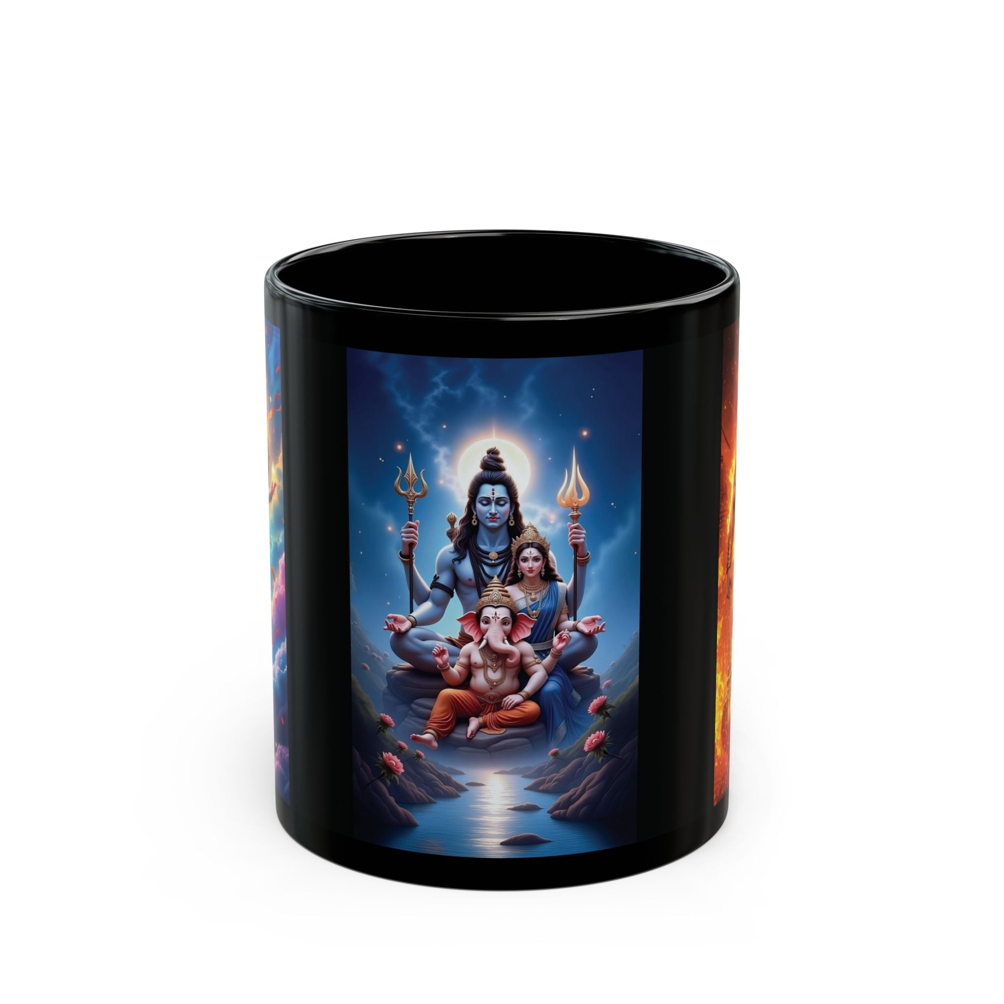 Shiva, Ganesha, Parvati Black Mug with Hindu Deities - Coffee Cup for Devotees, Gift for Diwali, Meditation, Yoga, and Daily Inspiration