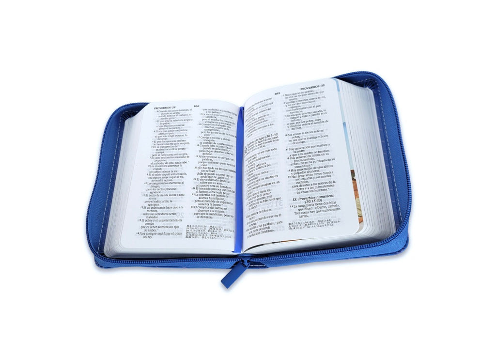 Biblia Compacta con Cierre para Niños RV2020 imit piel azul niños con mamá