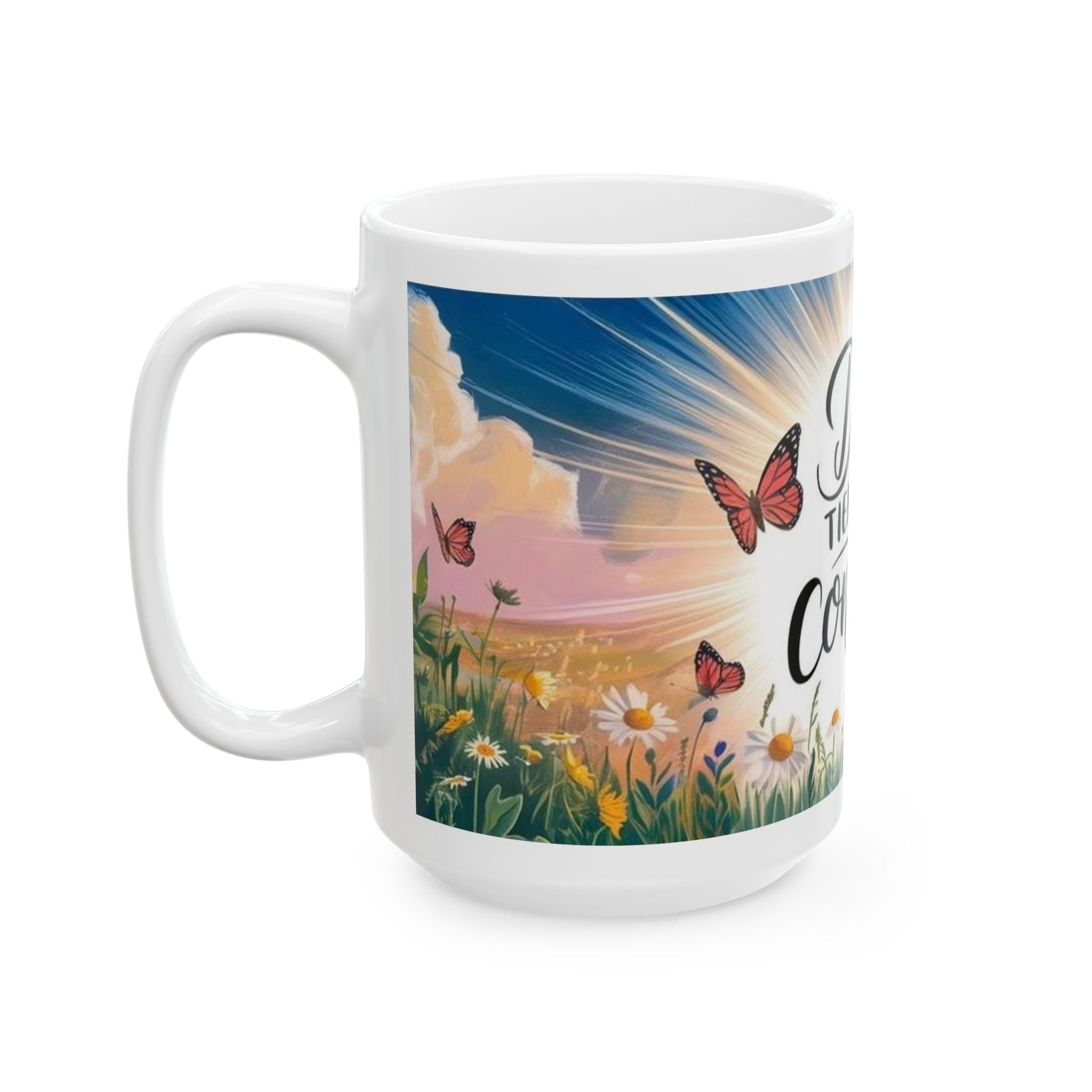 Coffee Mug – "Dios Tiene el Control" Inspirational Spanish Ceramic Mug with Butterflies & Floral Sunrise