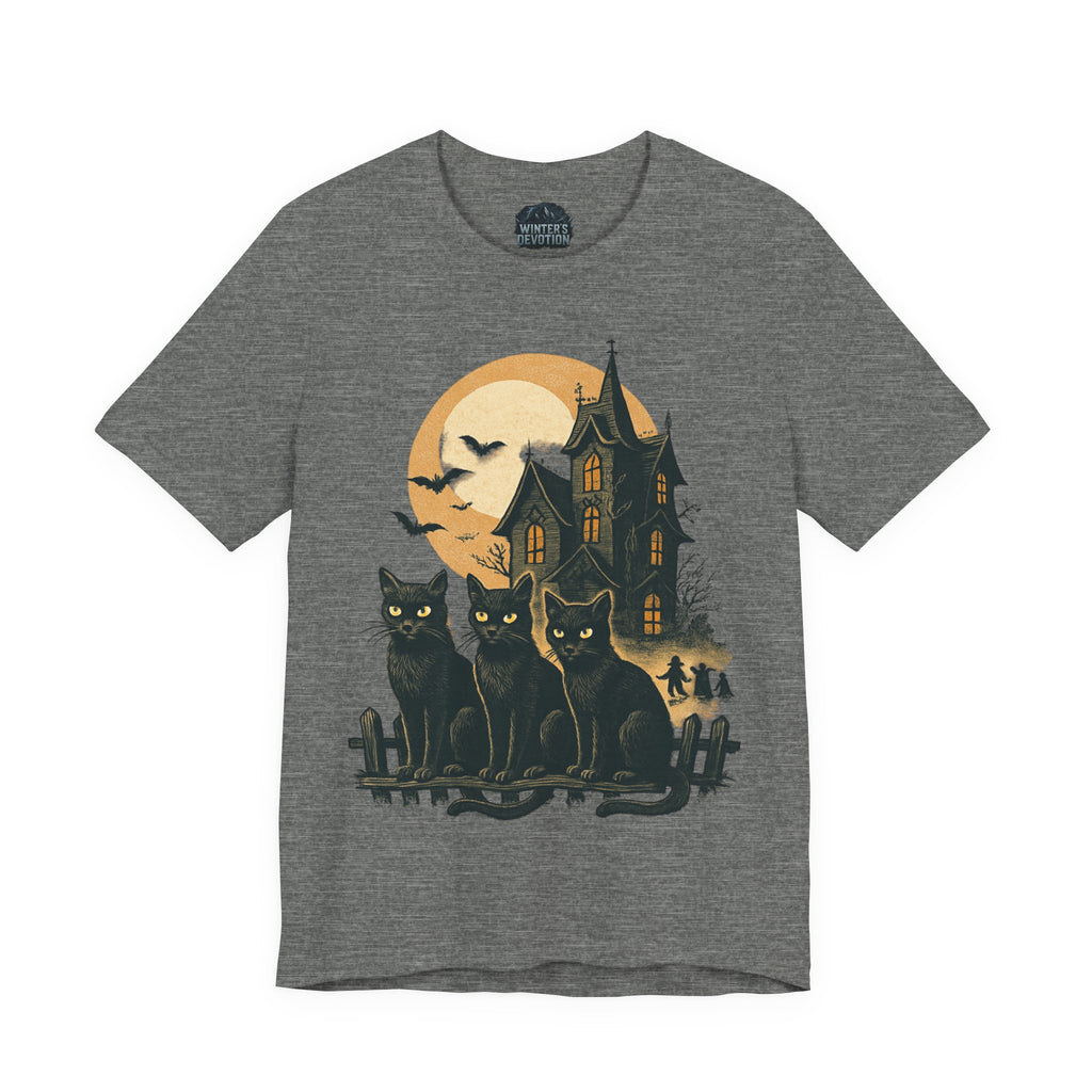 Haunted House Halloween Cat Tee, Spooky Cat Shirt, Unisex Halloween Shirt, Fall Fashion Tee, Cat Lover Gift, Eerie Night Wear