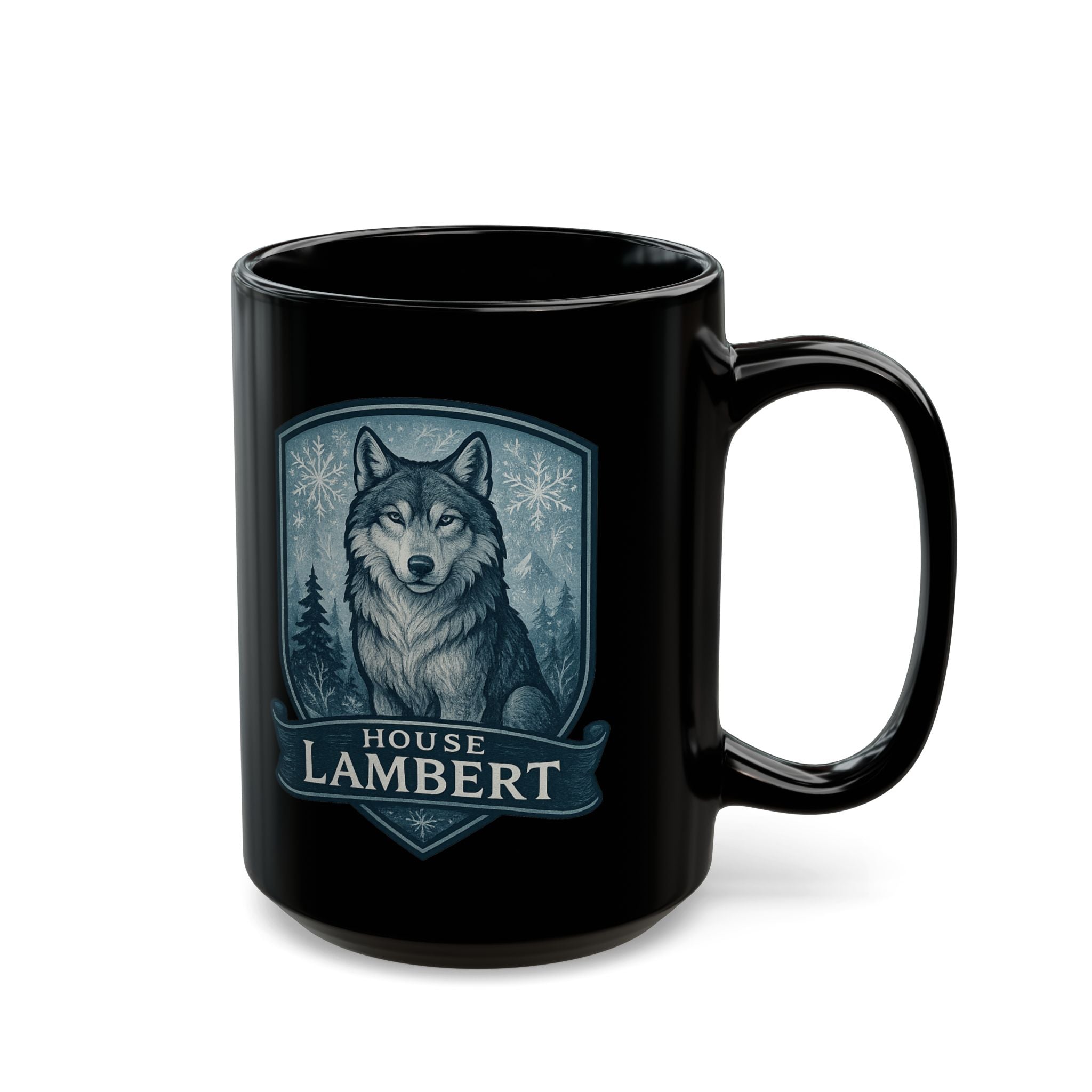 Fantasy-Themed Black Mug for House Lambert Fans, Wolf Design, Perfect Gift for Gamers, Coffee Lovers, Holidays, and Collectors
