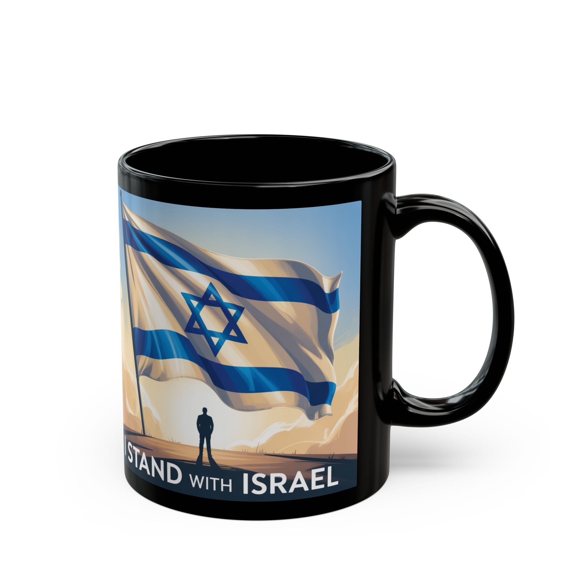 Patriotic Black Mug - I Stand with Israel Design, Custom Coffee Cup, Supportive Gift, Meaningful Drinkware, 11oz/15oz