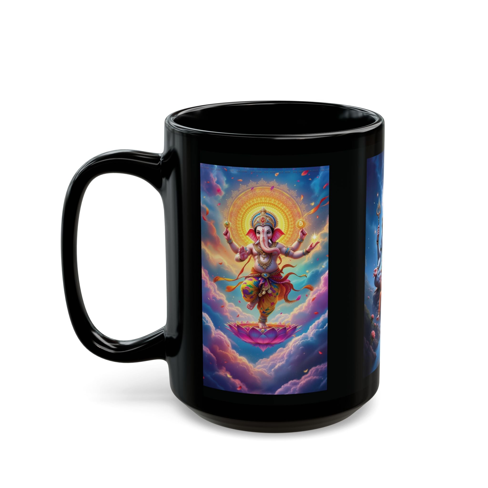 Shiva, Ganesha, Parvati Black Mug with Hindu Deities - Coffee Cup for Devotees, Gift for Diwali, Meditation, Yoga, and Daily Inspiration