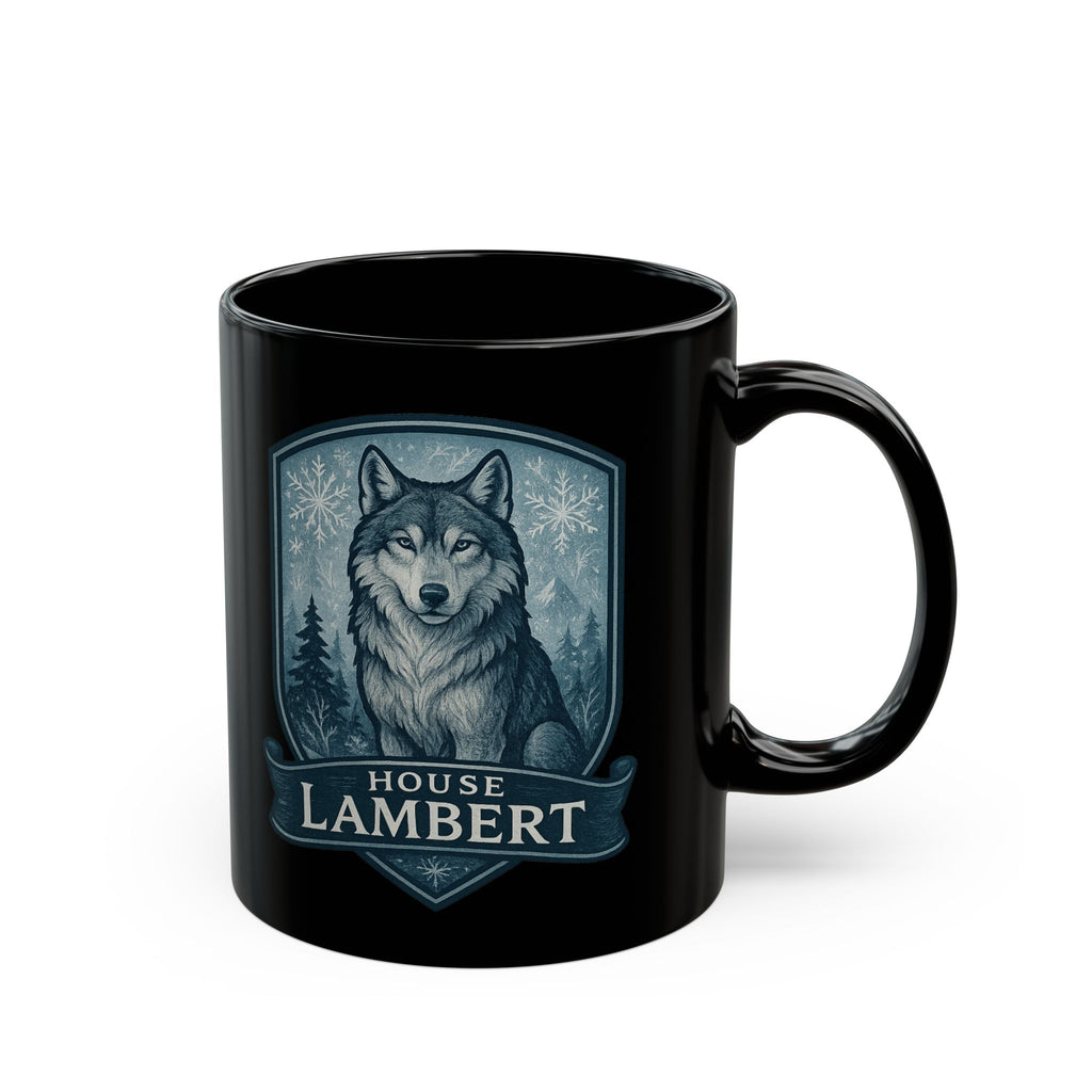 Fantasy-Themed Black Mug for House Lambert Fans, Wolf Design, Perfect Gift for Gamers, Coffee Lovers, Holidays, and Collectors