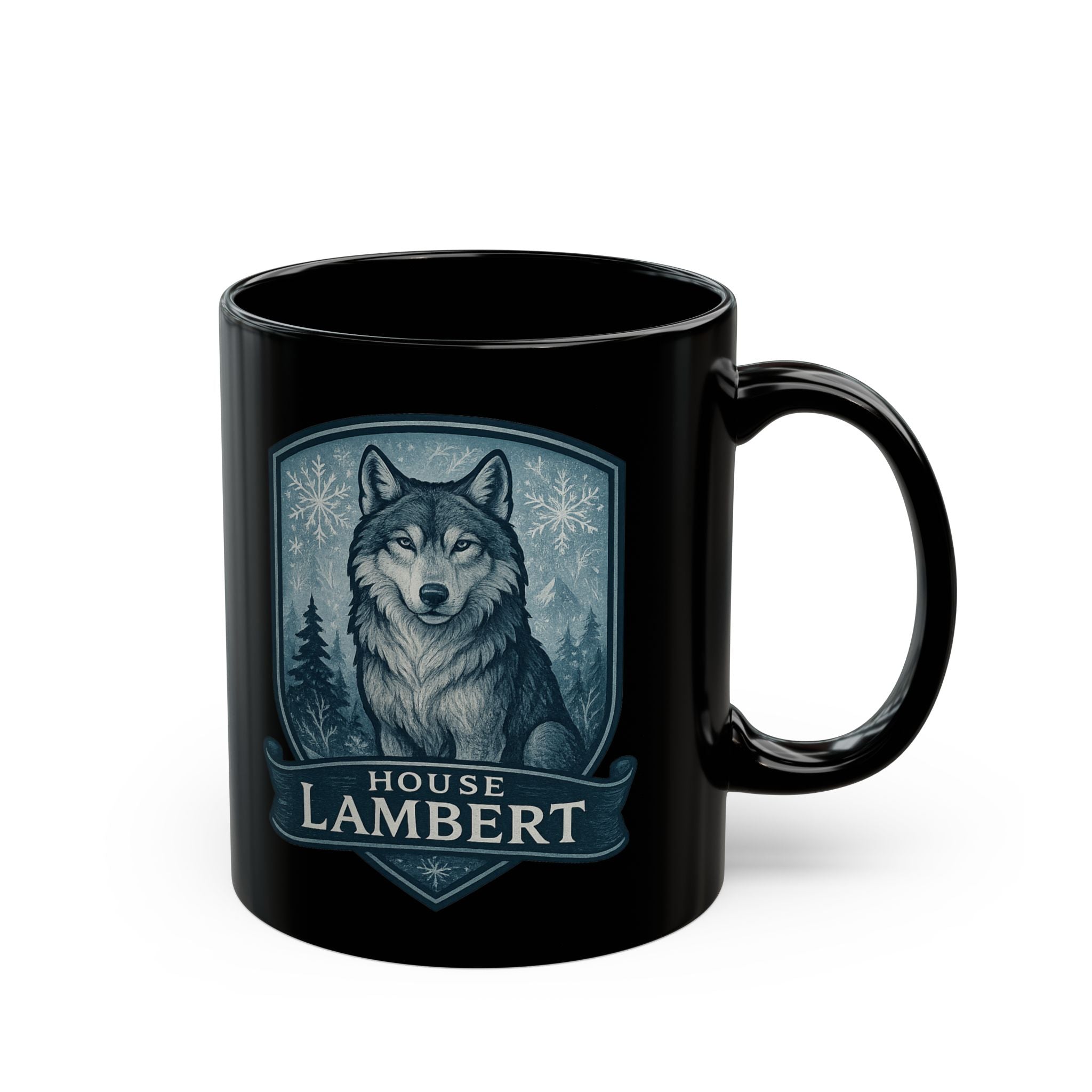 Fantasy-Themed Black Mug for House Lambert Fans, Wolf Design, Perfect Gift for Gamers, Coffee Lovers, Holidays, and Collectors