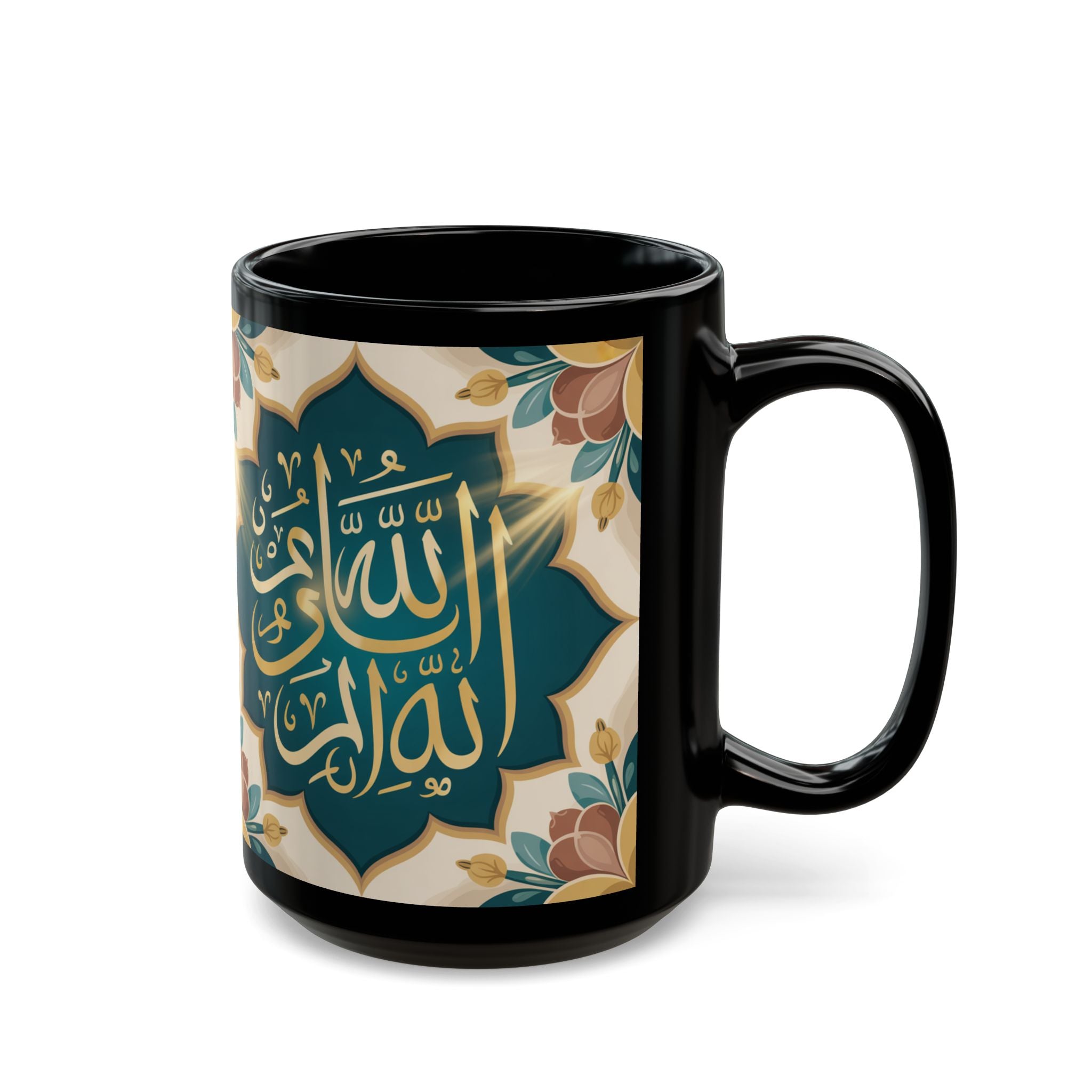 Elegant Black Mug with Floral Design, Islamic Mug, Spiritual Gift, Coffee Cup, Home Decor