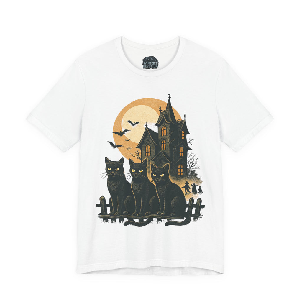 Haunted House Halloween Cat Tee, Spooky Cat Shirt, Unisex Halloween Shirt, Fall Fashion Tee, Cat Lover Gift, Eerie Night Wear