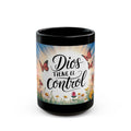 Black Mug — "Dios Tiene El Control" Inspirational Christian Coffee Mug with Butterflies & Floral Sunrise