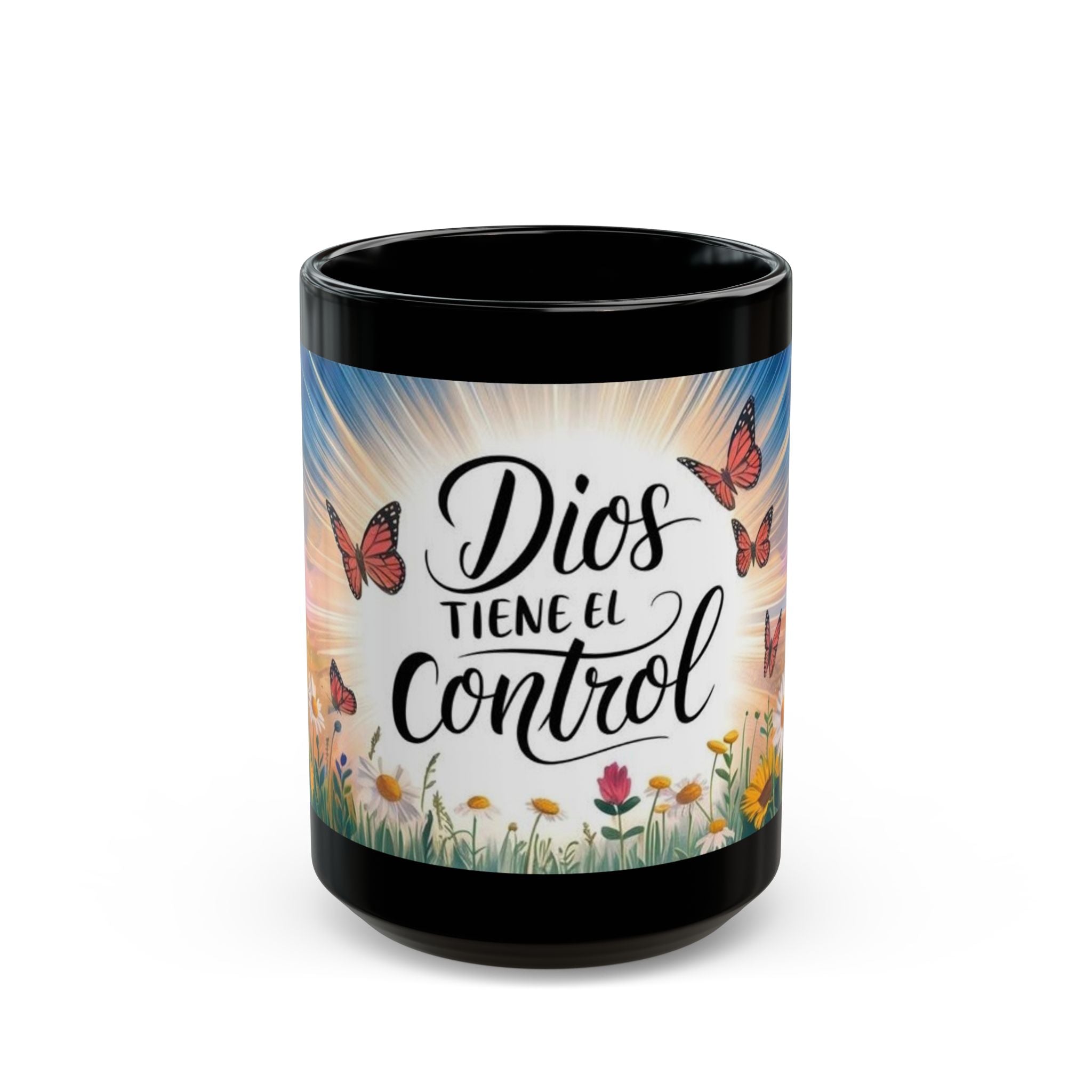 Black Mug — "Dios Tiene El Control" Inspirational Christian Coffee Mug with Butterflies & Floral Sunrise