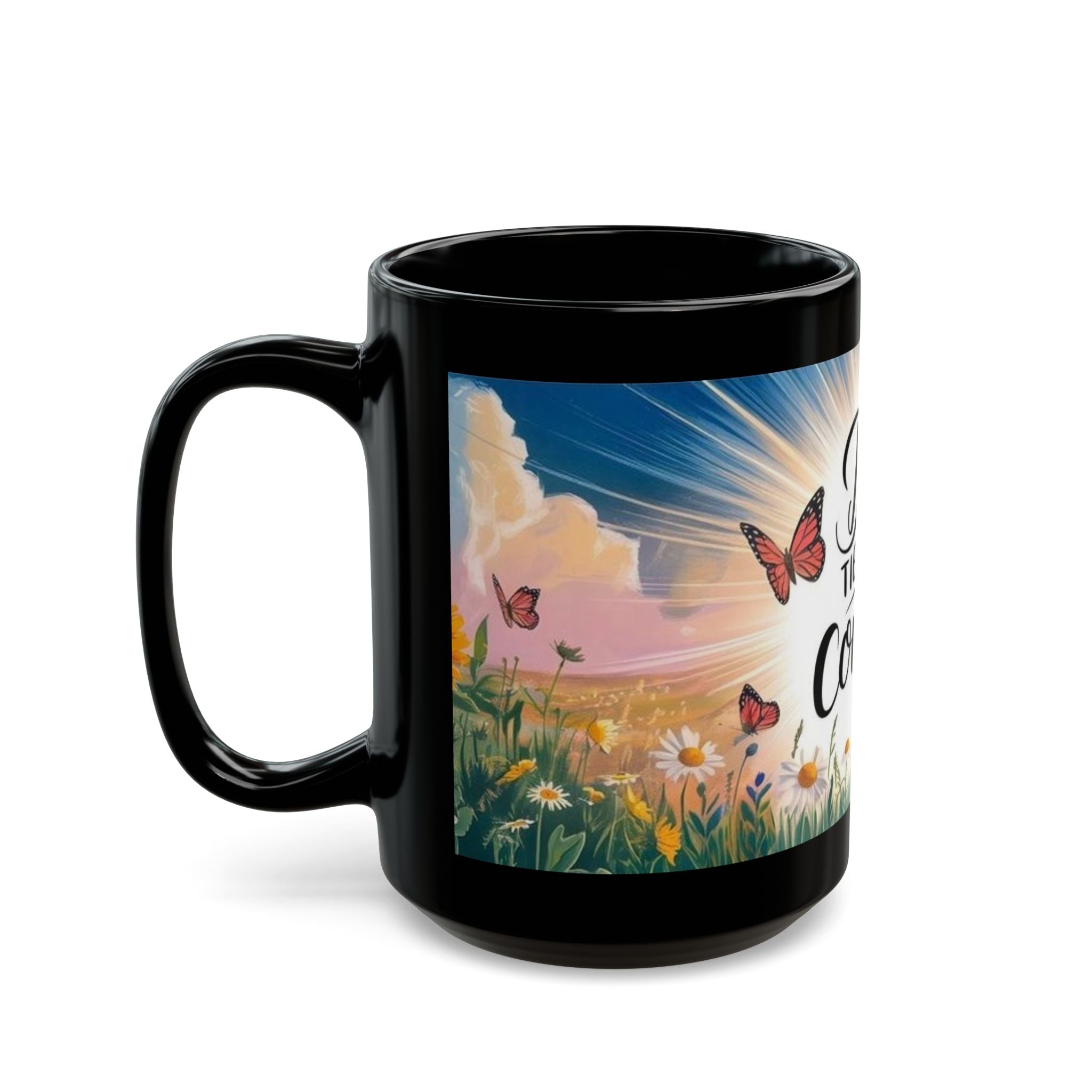Black Mug — "Dios Tiene El Control" Inspirational Christian Coffee Mug with Butterflies & Floral Sunrise