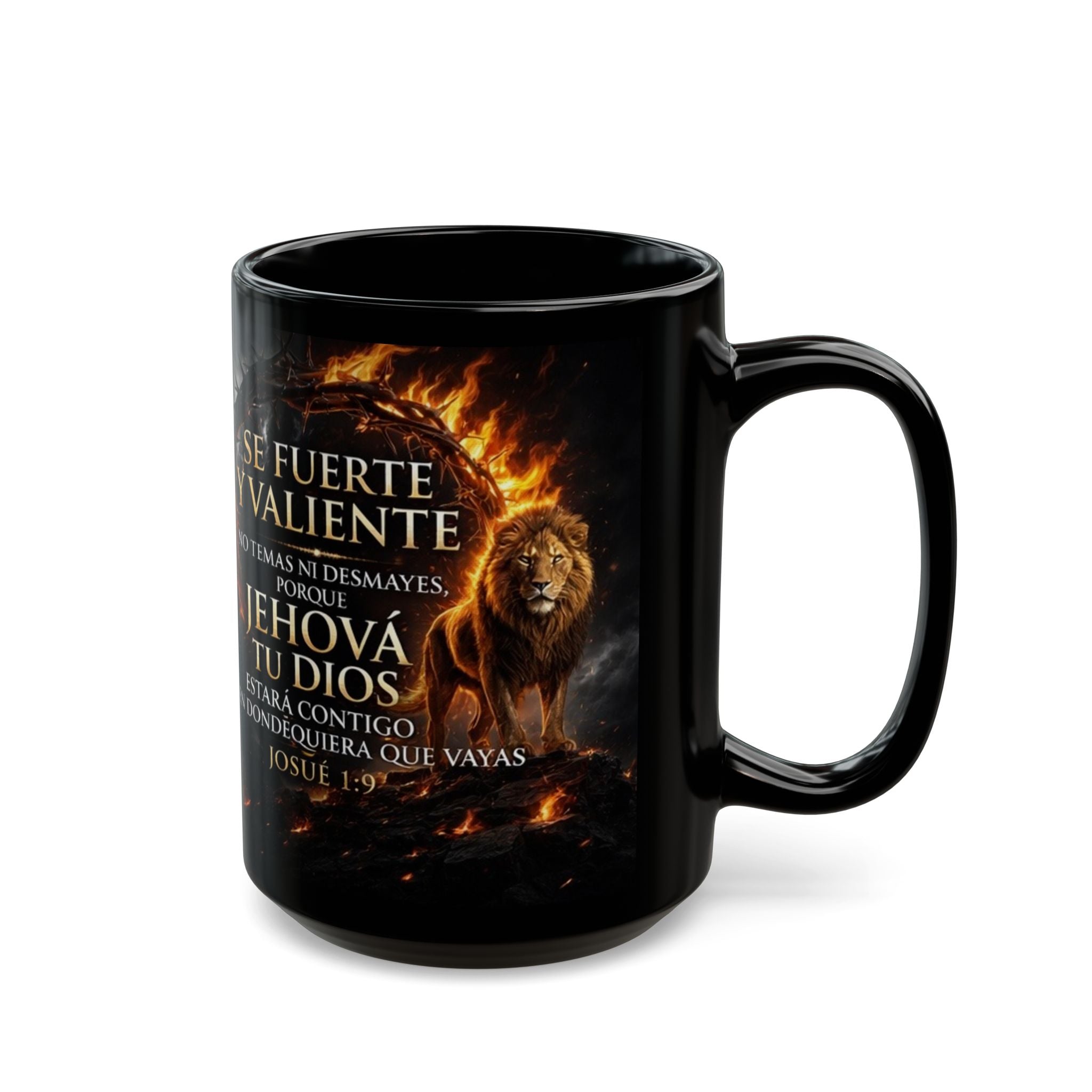 Black Ceramic Mug — Spanish Scripture Design with Lion & 'Jehová' Encouragement (11oz/15oz)