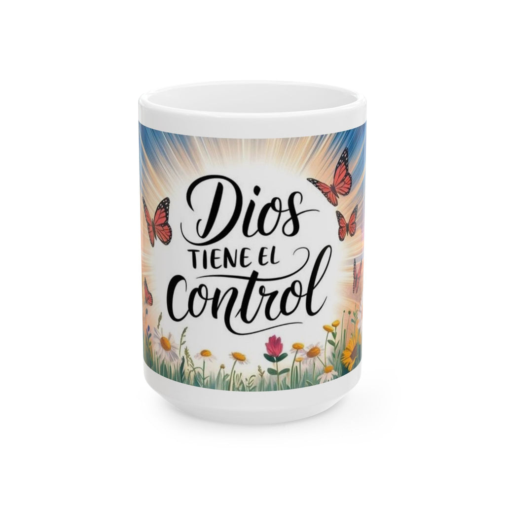Coffee Mug – "Dios Tiene el Control" Inspirational Spanish Ceramic Mug with Butterflies & Floral Sunrise