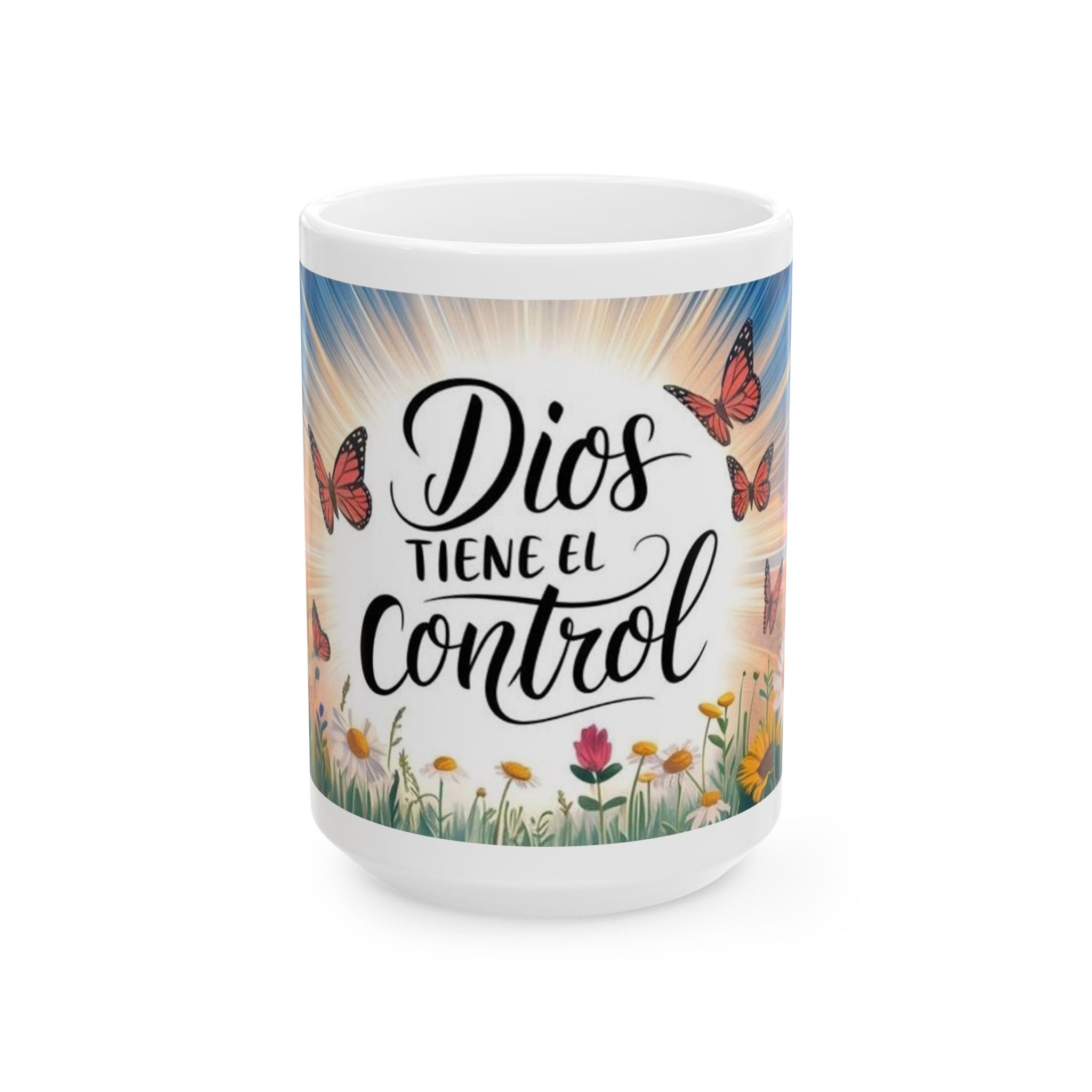 Coffee Mug – "Dios Tiene el Control" Inspirational Spanish Ceramic Mug with Butterflies & Floral Sunrise