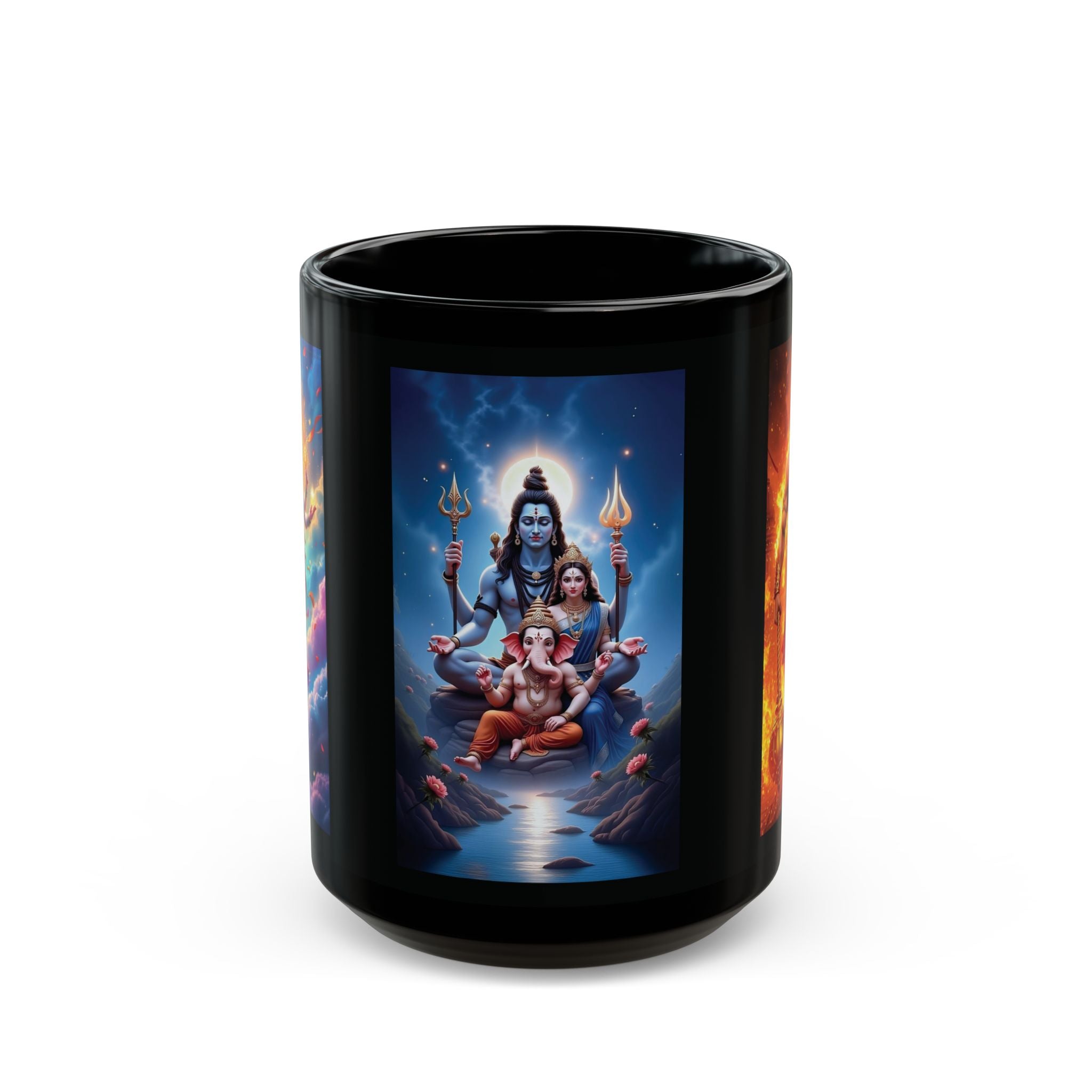 Shiva, Ganesha, Parvati Black Mug with Hindu Deities - Coffee Cup for Devotees, Gift for Diwali, Meditation, Yoga, and Daily Inspiration
