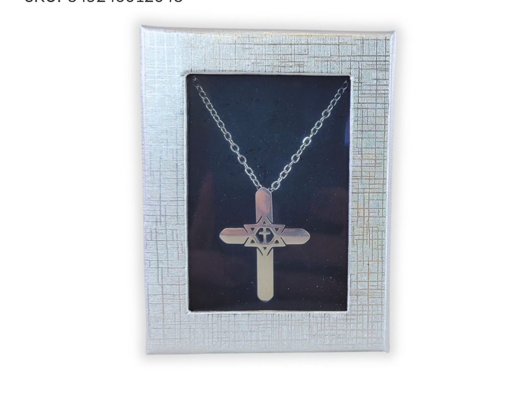 Silver Metal Necklace: Cross and Star of David - Collar de Metal Plateado: Cruz y estrella de David