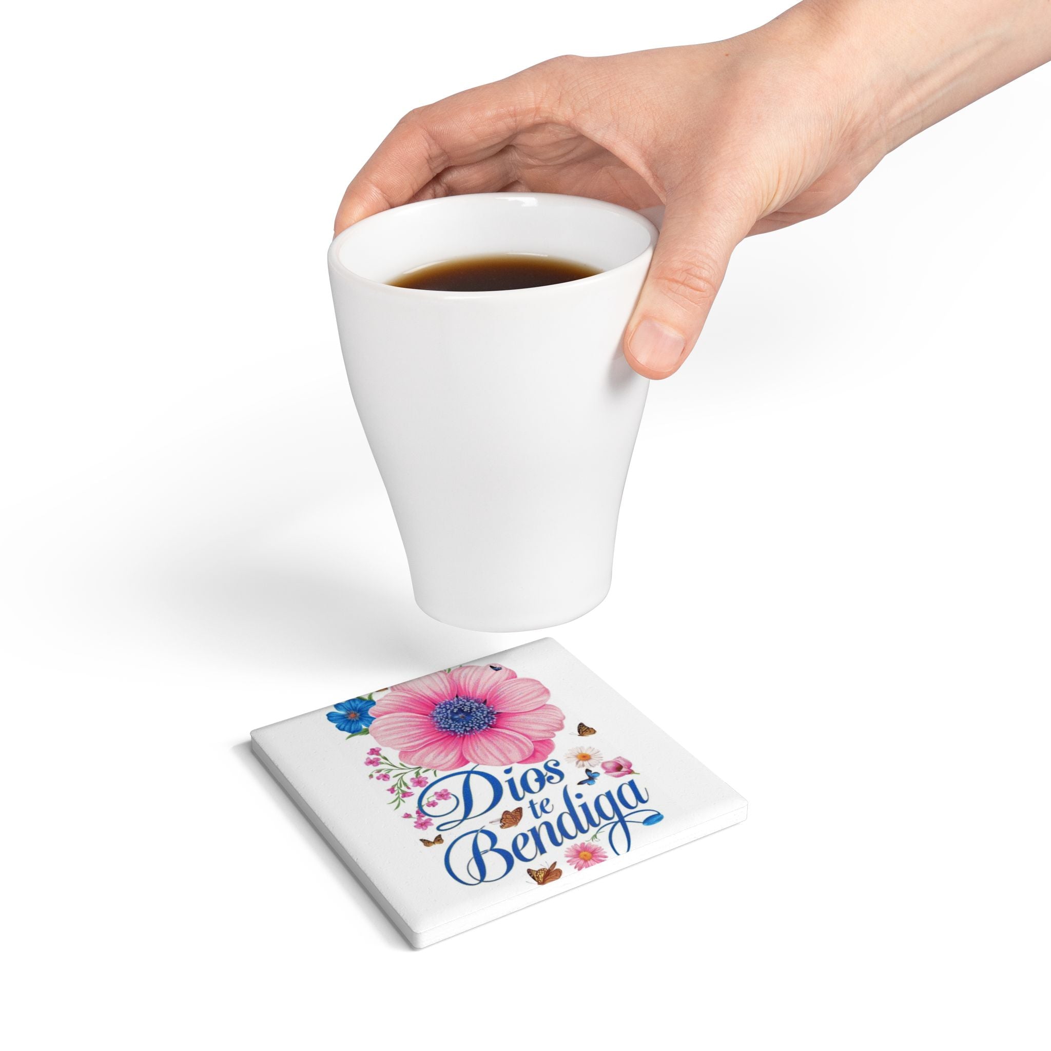Floral Blessing Ceramic Coaster, Inspirational Drinkware, God Bless Home Decor, Gift for Friends, Kitchen Accessory