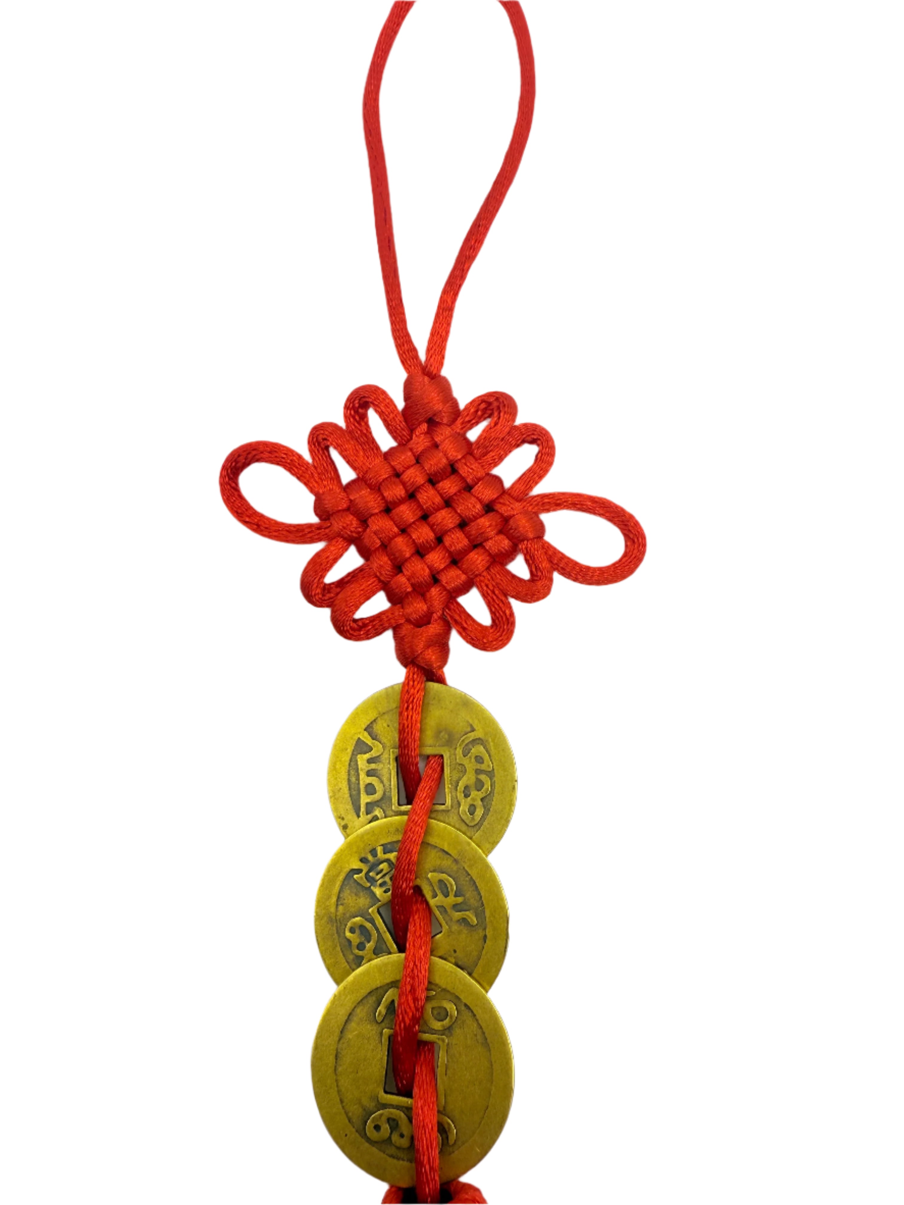 Gao Qian Three I-Ching Coins with Mystic Knot and Tassel Wealth Luck