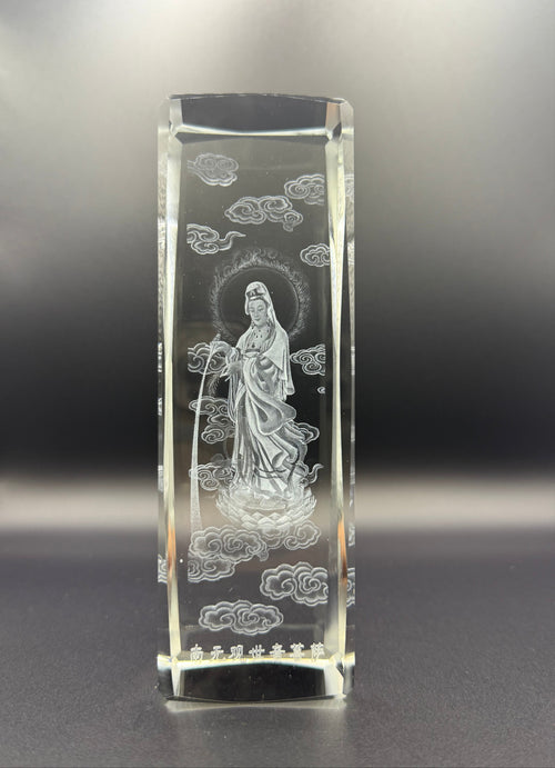 3D Laser-Engraved Crystal Depicting Guanyin (Quan Am), Bodhisattva of Compassion and Mercy.