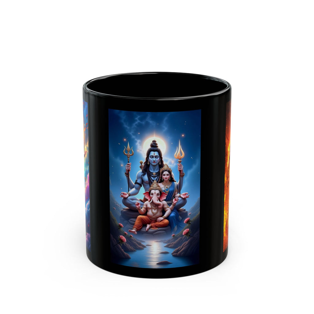 Shiva, Ganesha, Parvati Black Mug with Hindu Deities - Coffee Cup for Devotees, Gift for Diwali, Meditation, Yoga, and Daily Inspiration