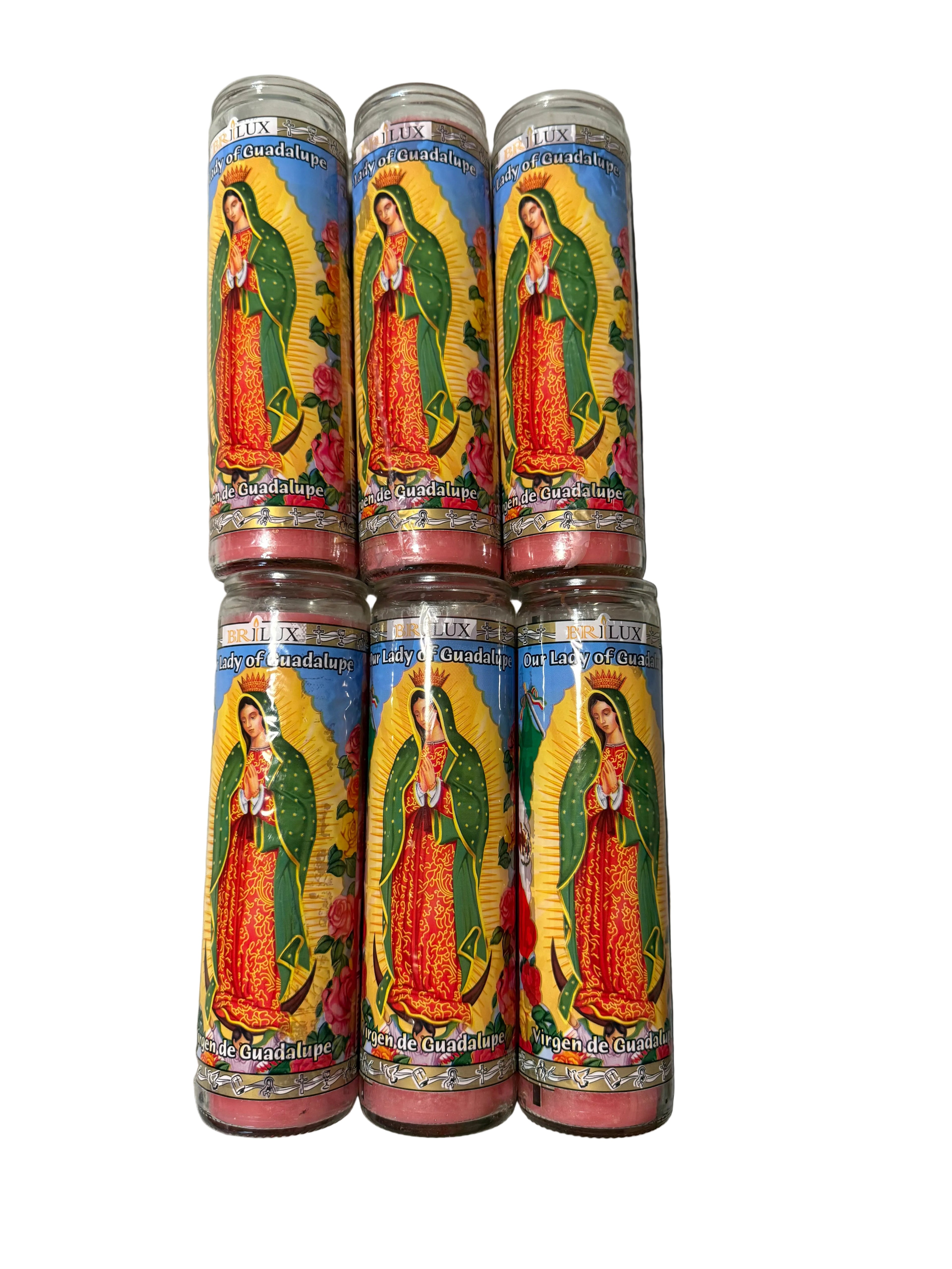 Veladoras Devocionales BRILUX —Virgen de Guadalupe | Importadas de México / BRILUX Devotional Prayer Candles – Virgen de Guadalupe | Imported from Mexico
