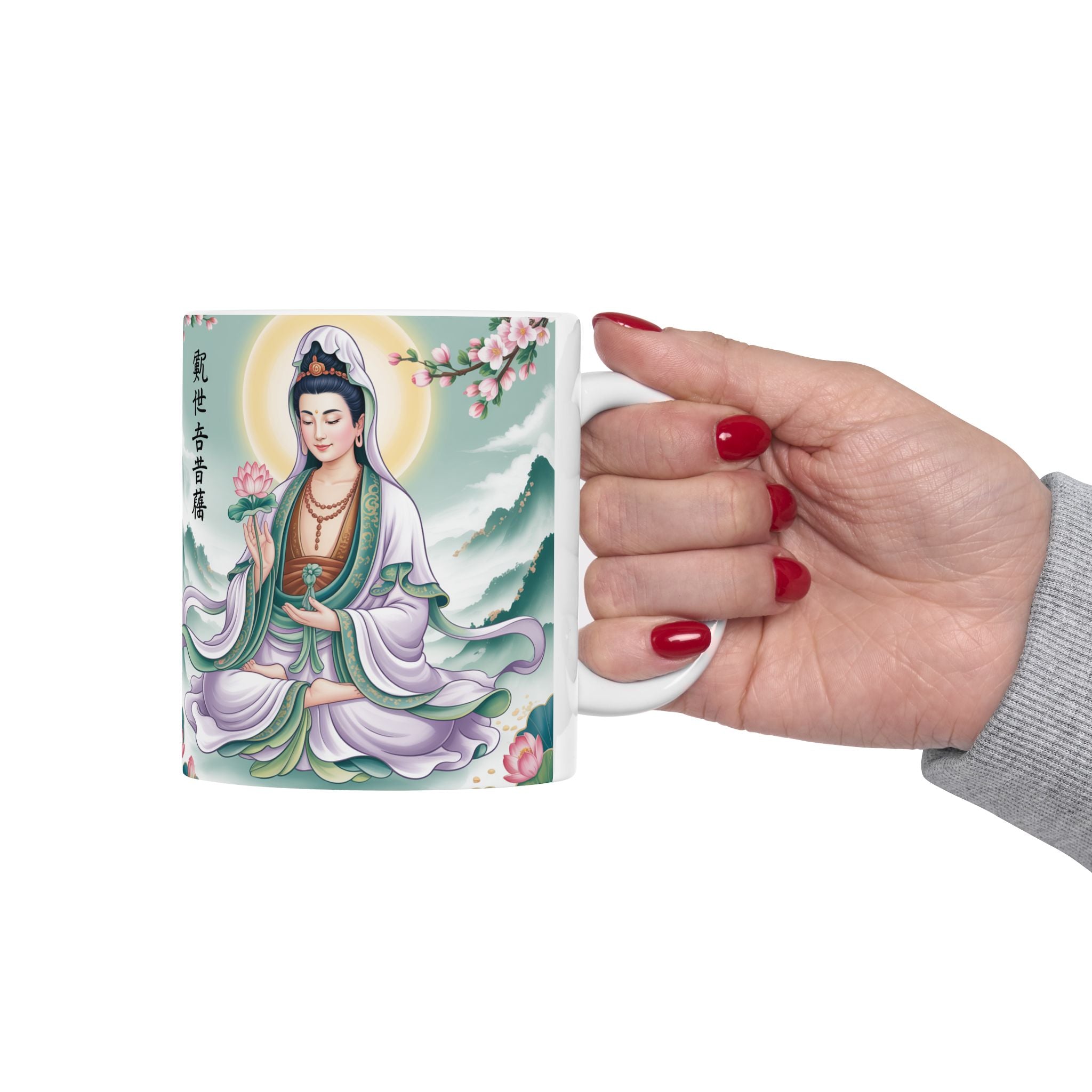 Serene Guan Yin/Avalokiteshvara Ceramic Mug - Perfect Gift for Mindfulness, Tea Lovers, Inspirational Decor, Buddhist Art, Meditation Enthusiasts