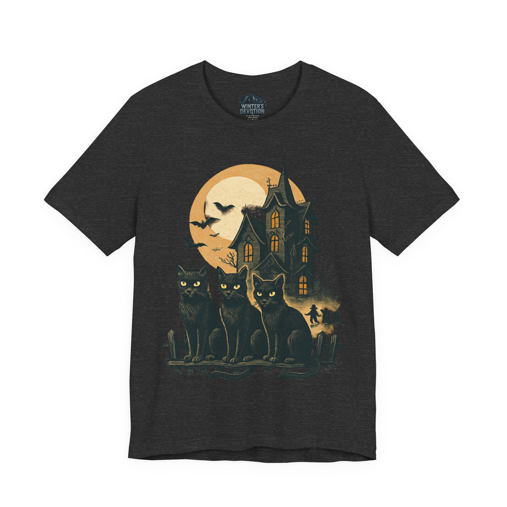 Haunted House Halloween Cat Tee, Spooky Cat Shirt, Unisex Halloween Shirt, Fall Fashion Tee, Cat Lover Gift, Eerie Night Wear