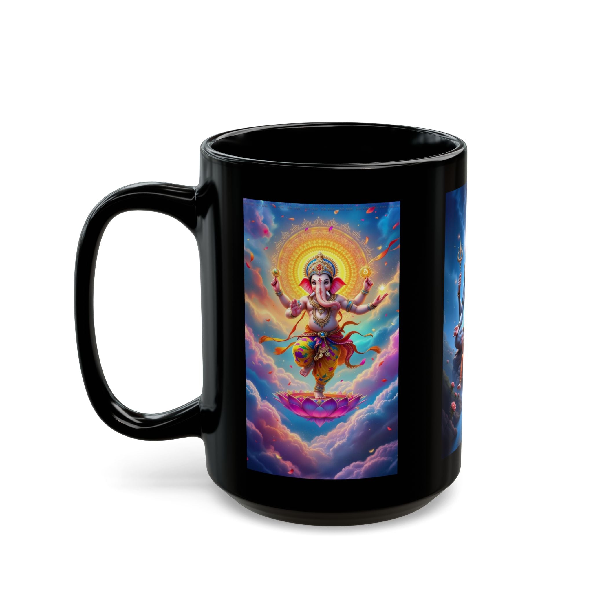 Shiva, Ganesha, Parvati Black Mug with Hindu Deities - Coffee Cup for Devotees, Gift for Diwali, Meditation, Yoga, and Daily Inspiration