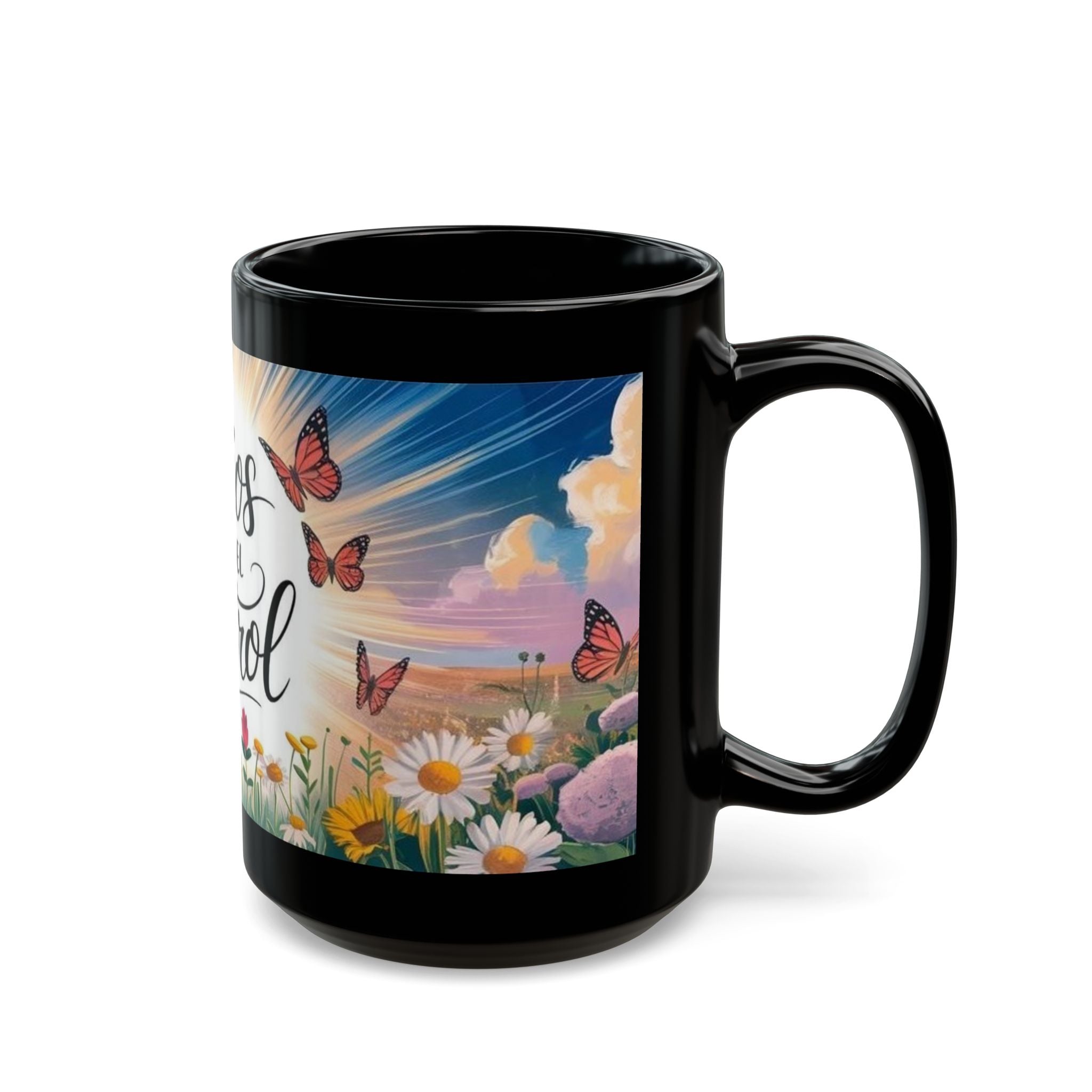 Black Mug — "Dios Tiene El Control" Inspirational Christian Coffee Mug with Butterflies & Floral Sunrise