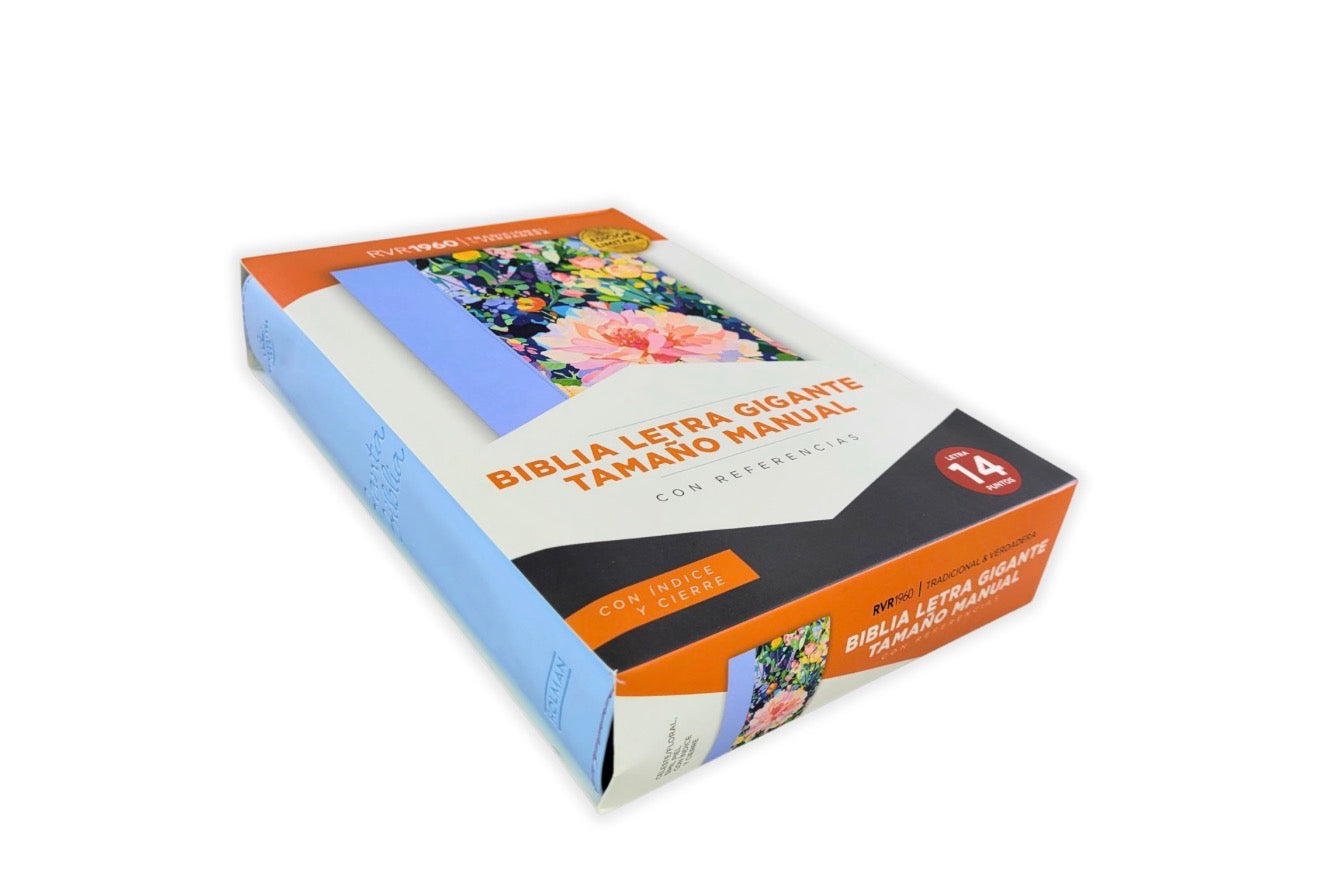 Biblia con Cierre Letra Gigante Manual RV1960, imit. piel celeste floral con índice