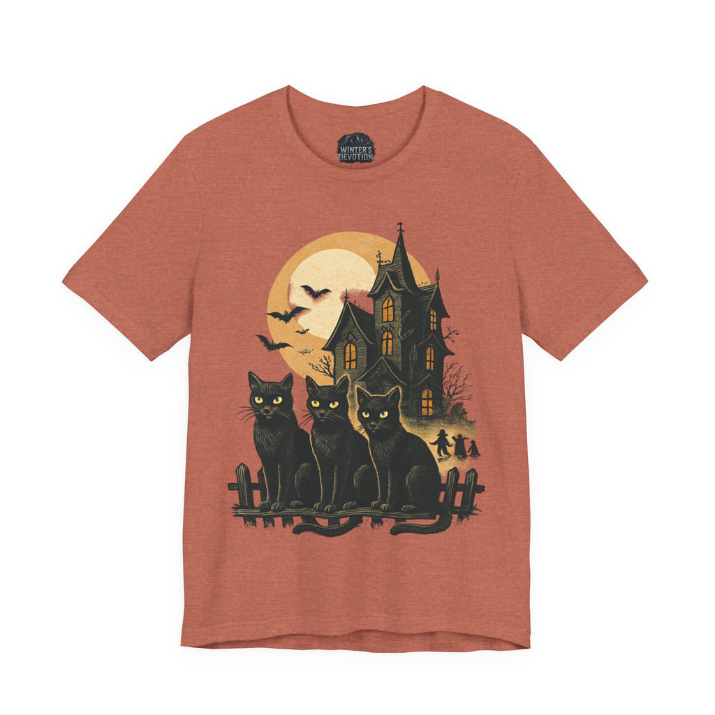 Haunted House Halloween Cat Tee, Spooky Cat Shirt, Unisex Halloween Shirt, Fall Fashion Tee, Cat Lover Gift, Eerie Night Wear