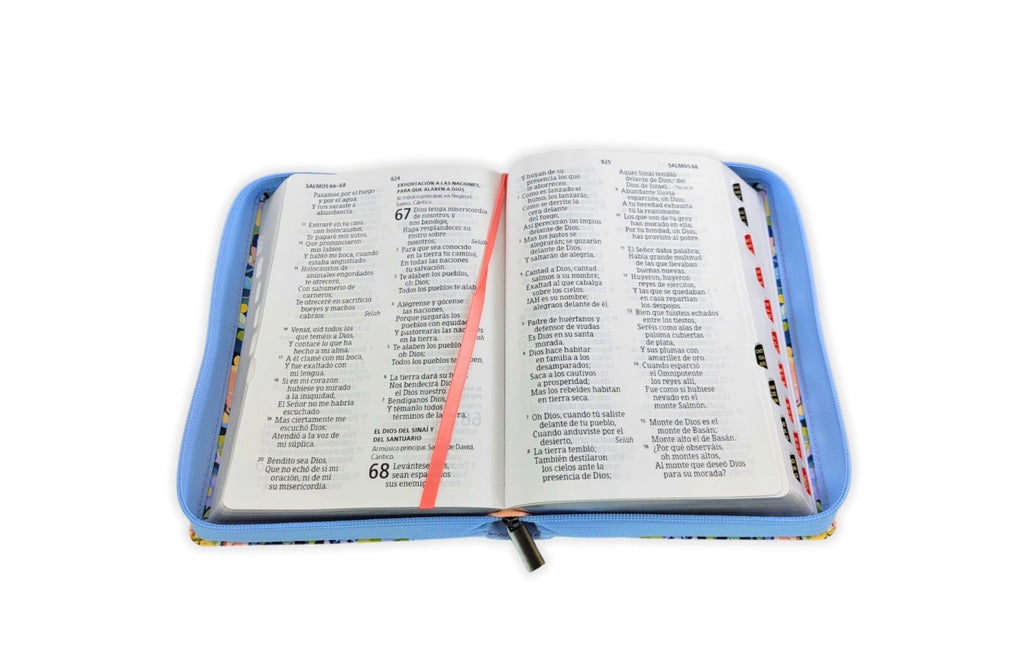 Biblia con Cierre Letra Gigante Manual RV1960, imit. piel celeste floral con índice