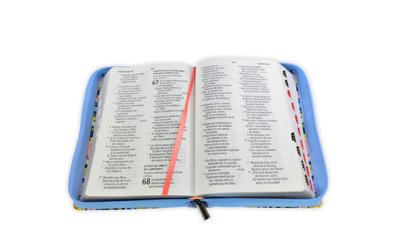 Biblia con Cierre Letra Gigante Manual RV1960, imit. piel celeste floral con índice