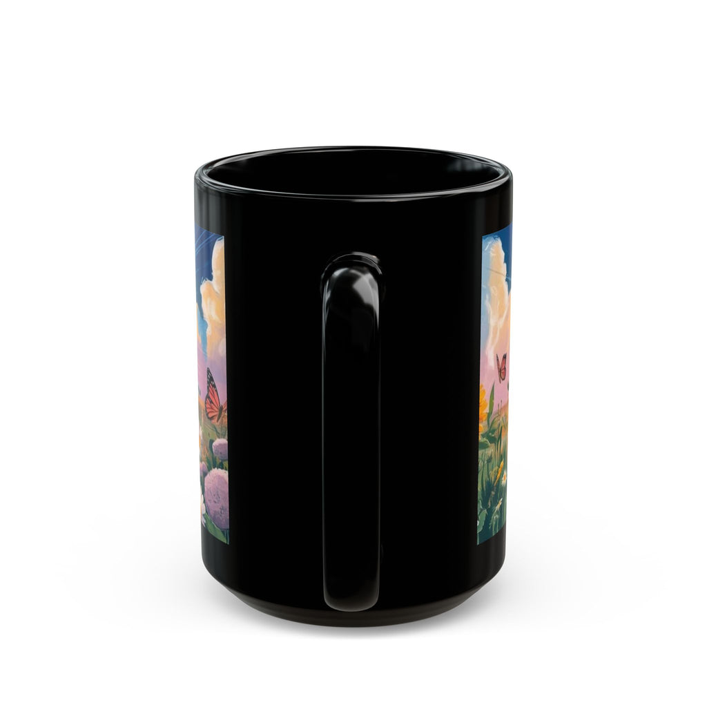 Black Mug — "Dios Tiene El Control" Inspirational Christian Coffee Mug with Butterflies & Floral Sunrise