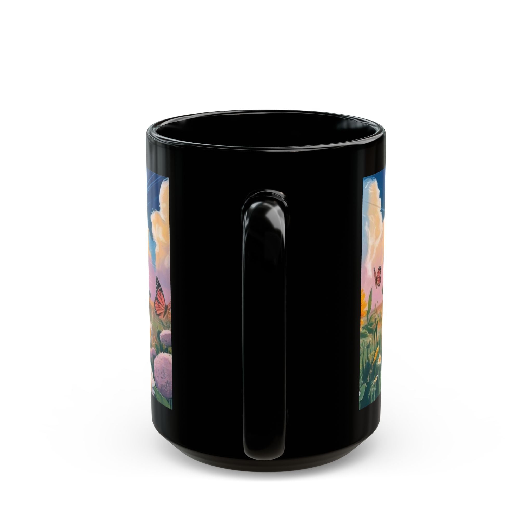 Black Mug — "Dios Tiene El Control" Inspirational Christian Coffee Mug with Butterflies & Floral Sunrise