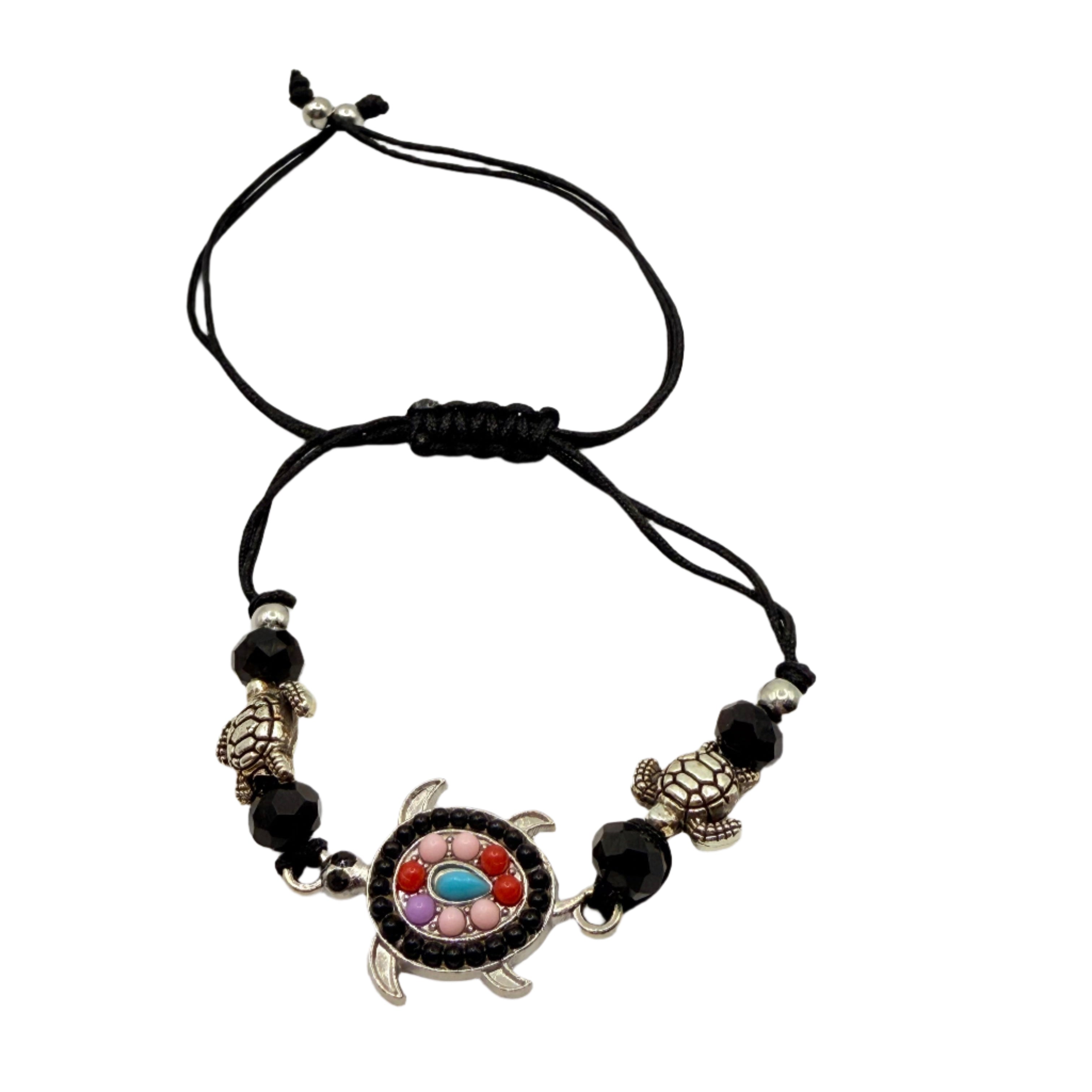 Ocean Guardian – Black Braided Silver Turtle Bracelet