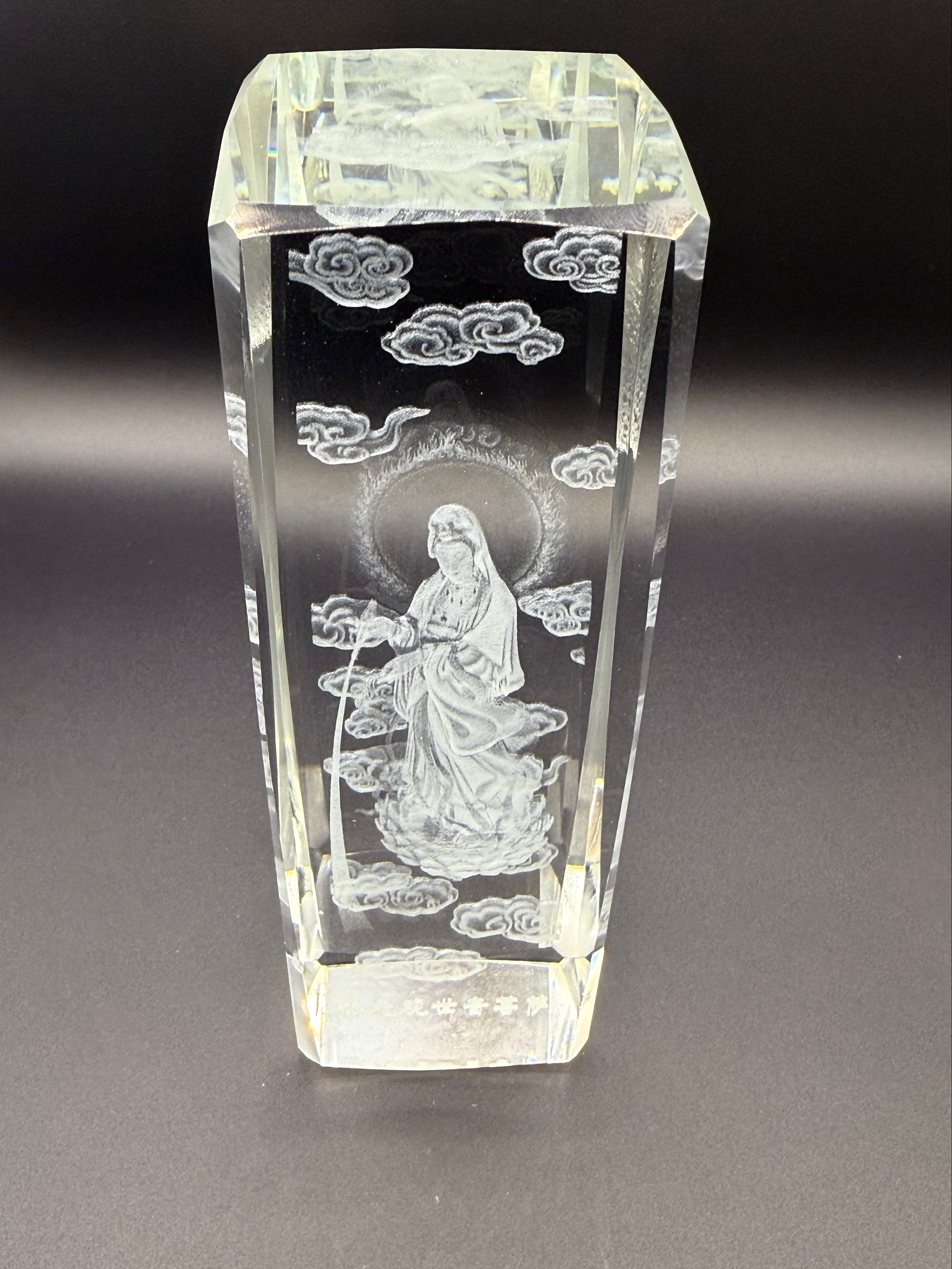 3D Laser-Engraved Crystal Depicting Guanyin (Quan Am), Bodhisattva of Compassion and Mercy.