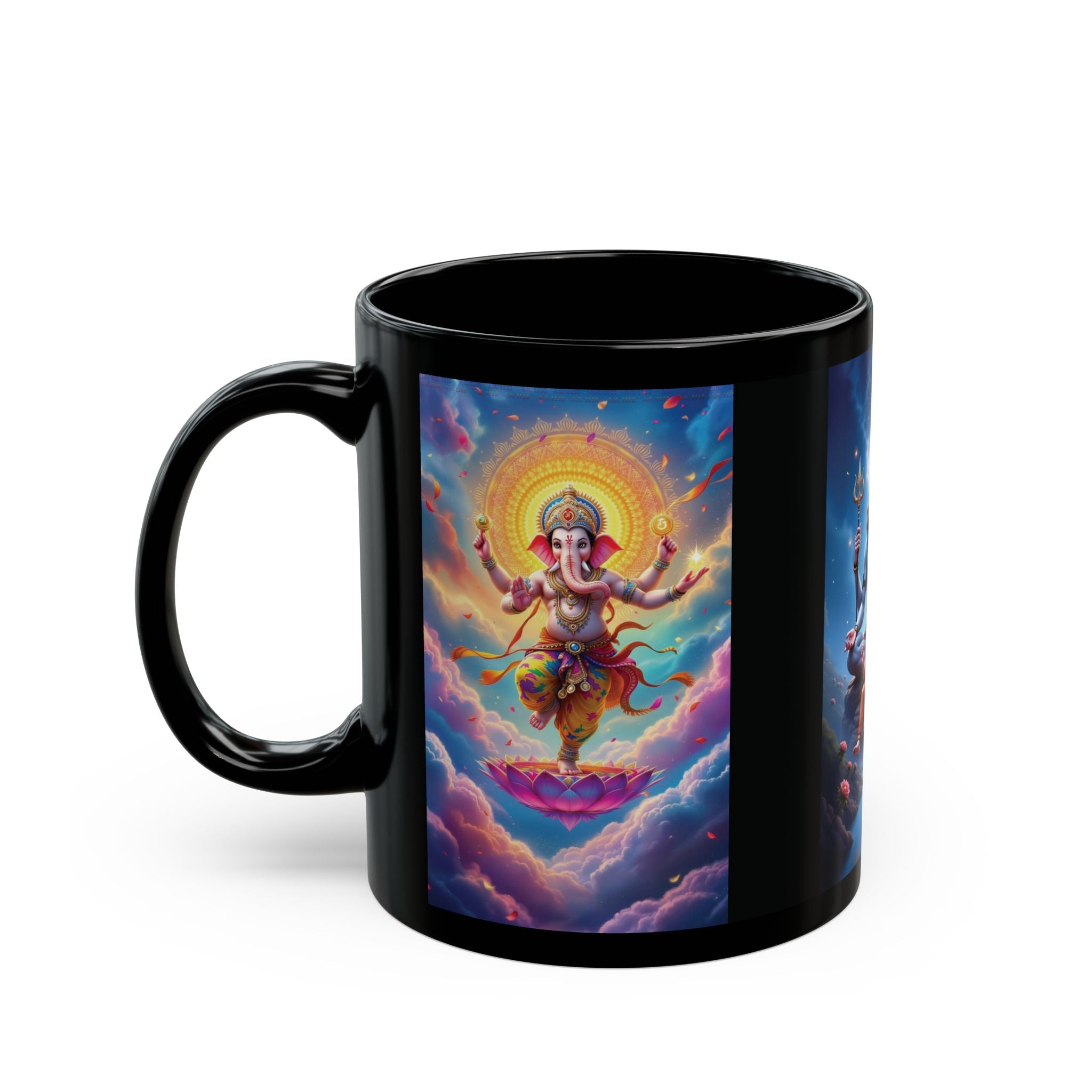 Shiva, Ganesha, Parvati Black Mug with Hindu Deities - Coffee Cup for Devotees, Gift for Diwali, Meditation, Yoga, and Daily Inspiration