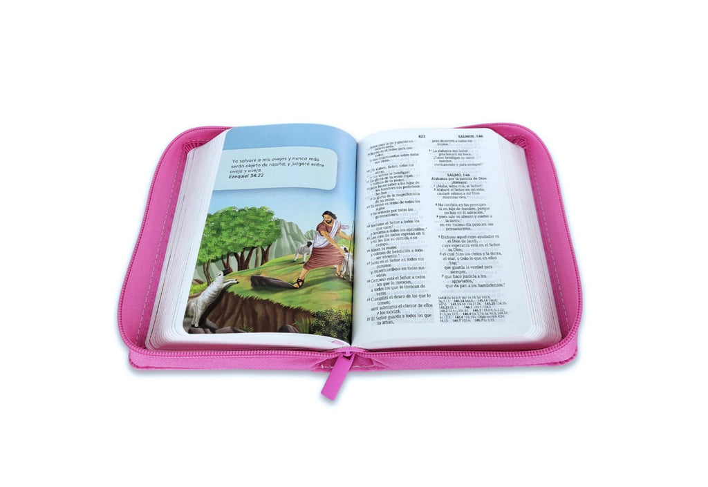 Biblia Compacta con Cierre para Niñas RV2020 imit piel rosa niña con Jesús