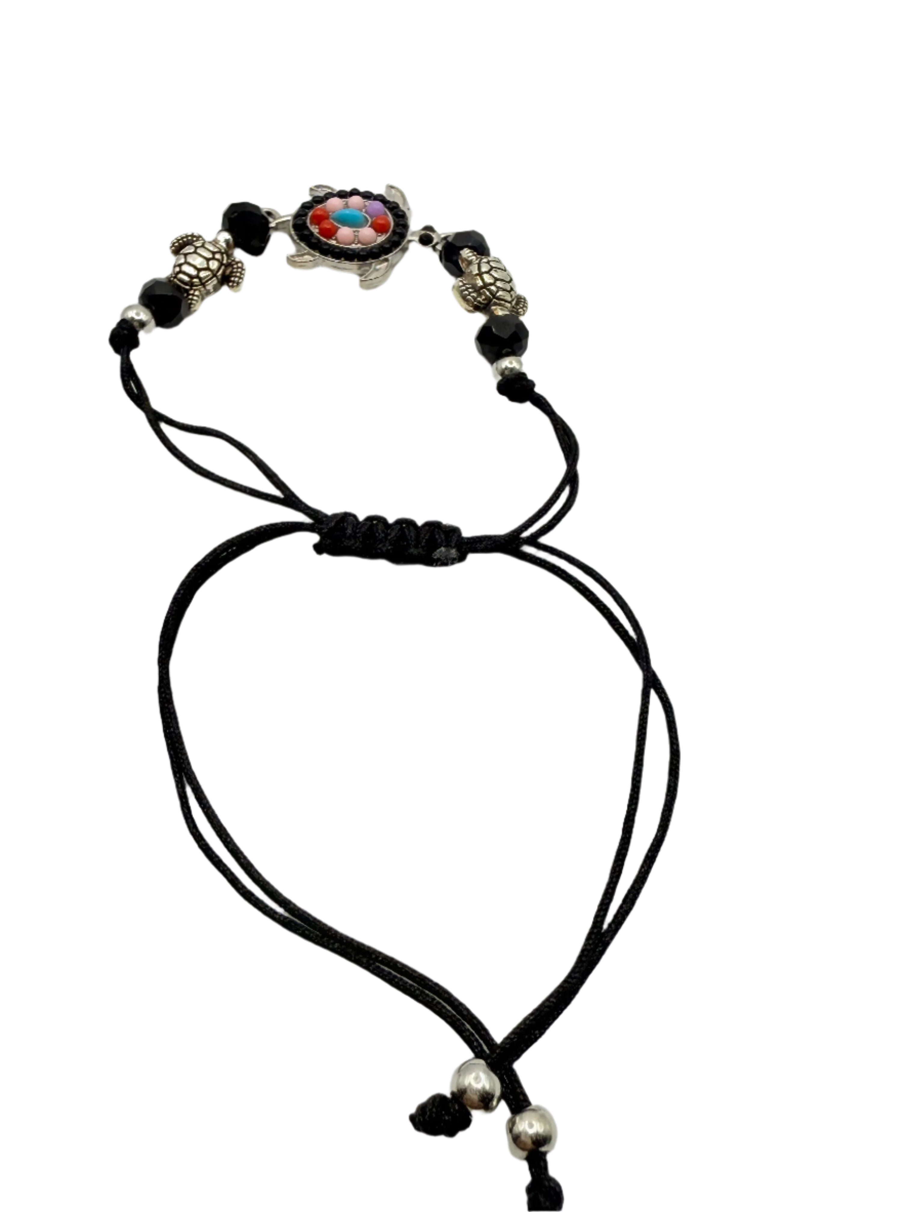 Ocean Guardian – Black Braided Silver Turtle Bracelet
