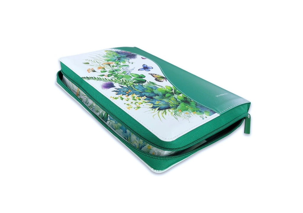 Biblia con Cierre Letra Súper Gigante 19 puntos Mediana RV1960 imit piel floral mariposa verde con índice y canto floral