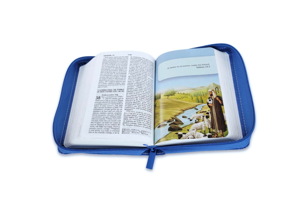 Biblia Compacta con Cierre para Niños RV2020 imit piel azul niños con mamá