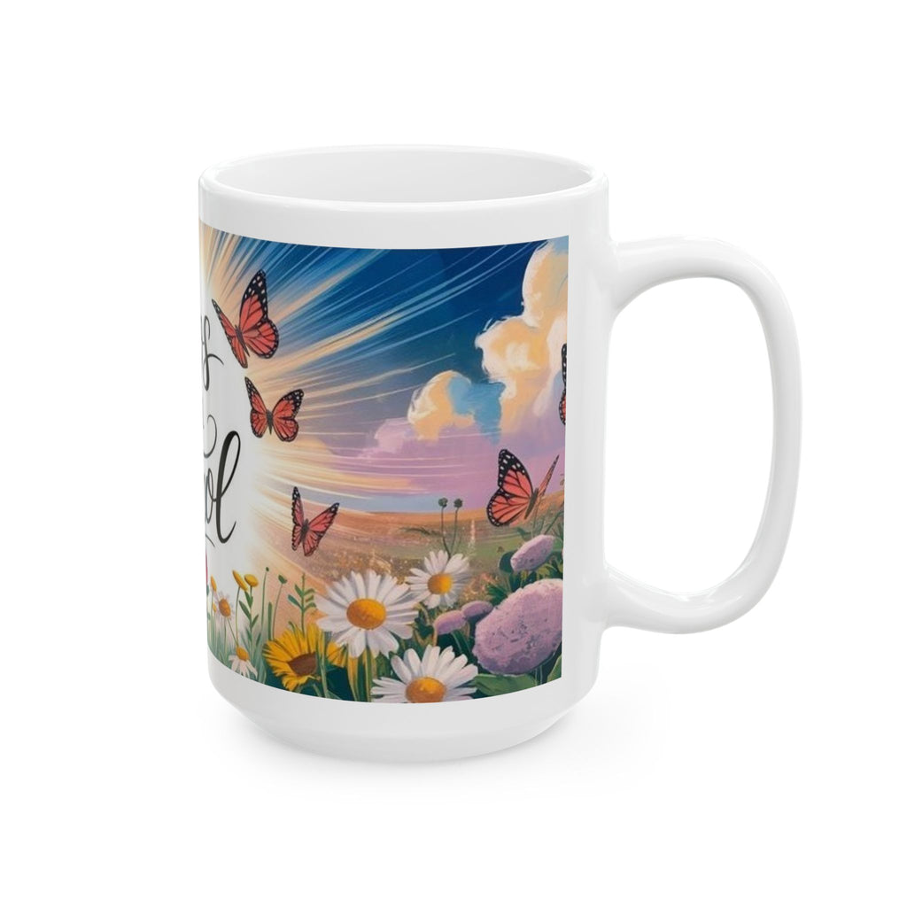 Coffee Mug – "Dios Tiene el Control" Inspirational Spanish Ceramic Mug with Butterflies & Floral Sunrise