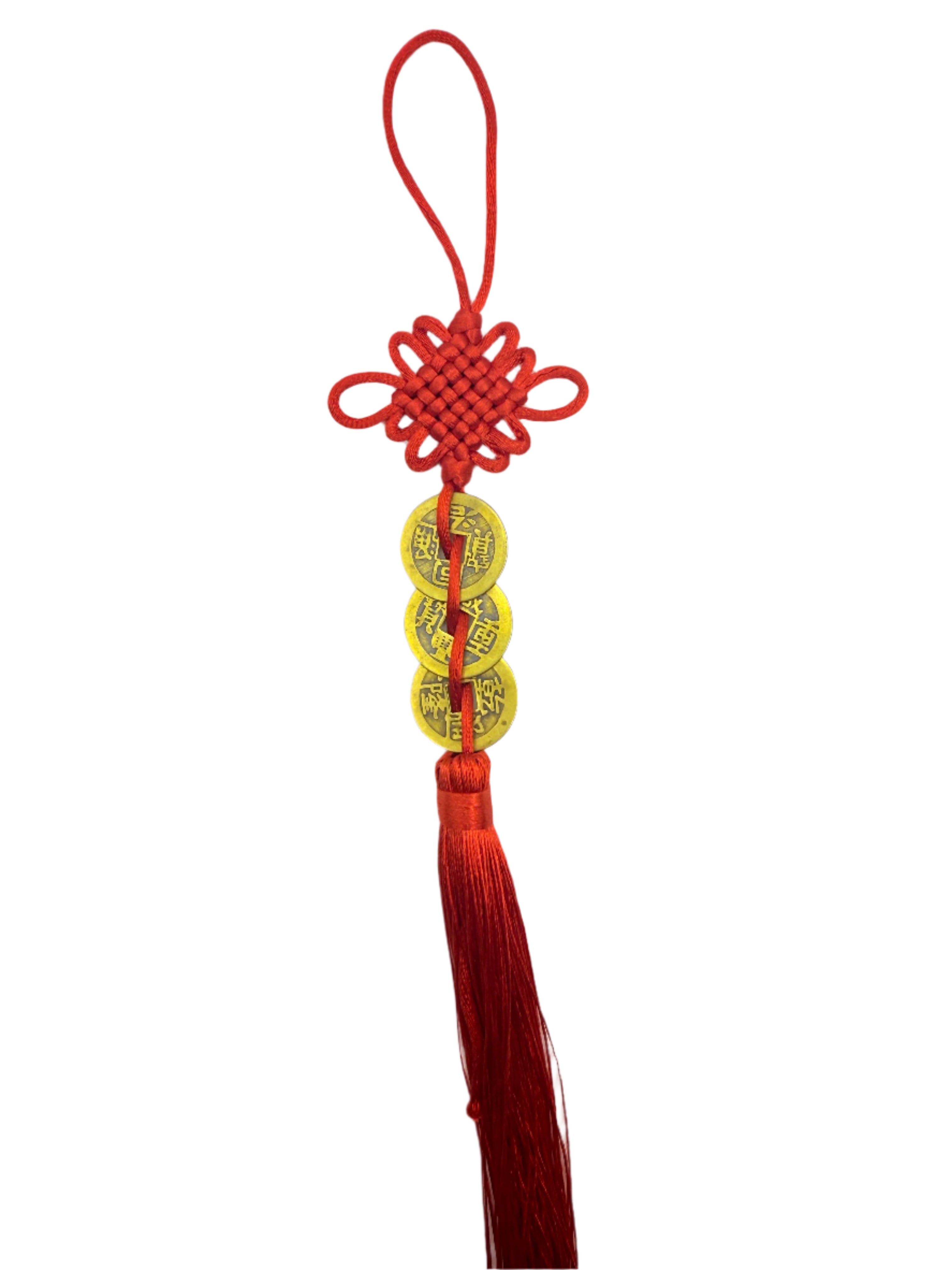Gao Qian Three I-Ching Coins with Mystic Knot and Tassel Wealth Luck