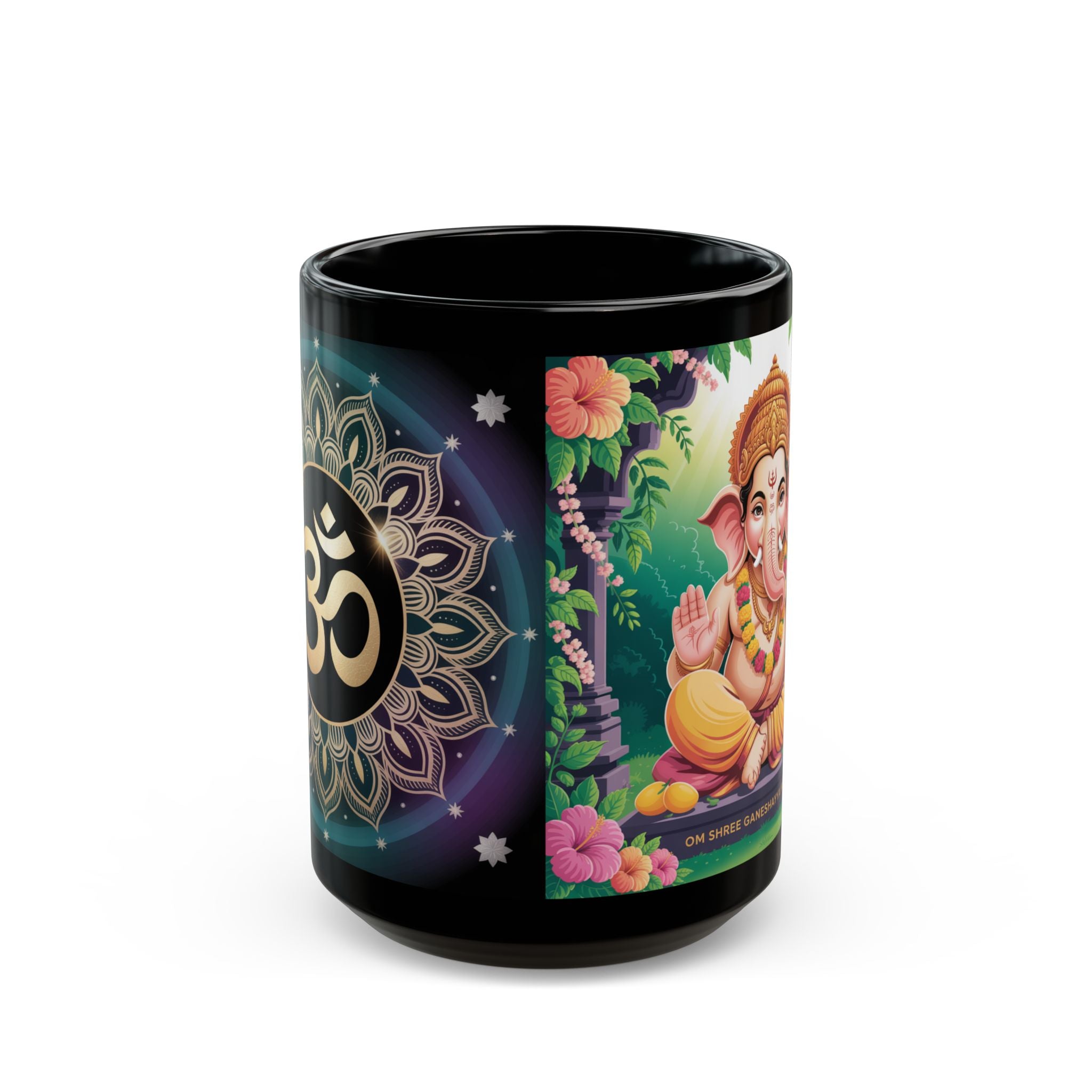 Black Mug Featuring Ganesh and Mandala - Spiritual Gift, Coffee Cup, Home Decor, Yoga, Meditation, Hindu Art