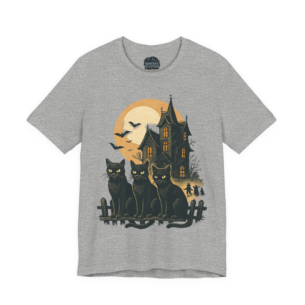 Haunted House Halloween Cat Tee, Spooky Cat Shirt, Unisex Halloween Shirt, Fall Fashion Tee, Cat Lover Gift, Eerie Night Wear