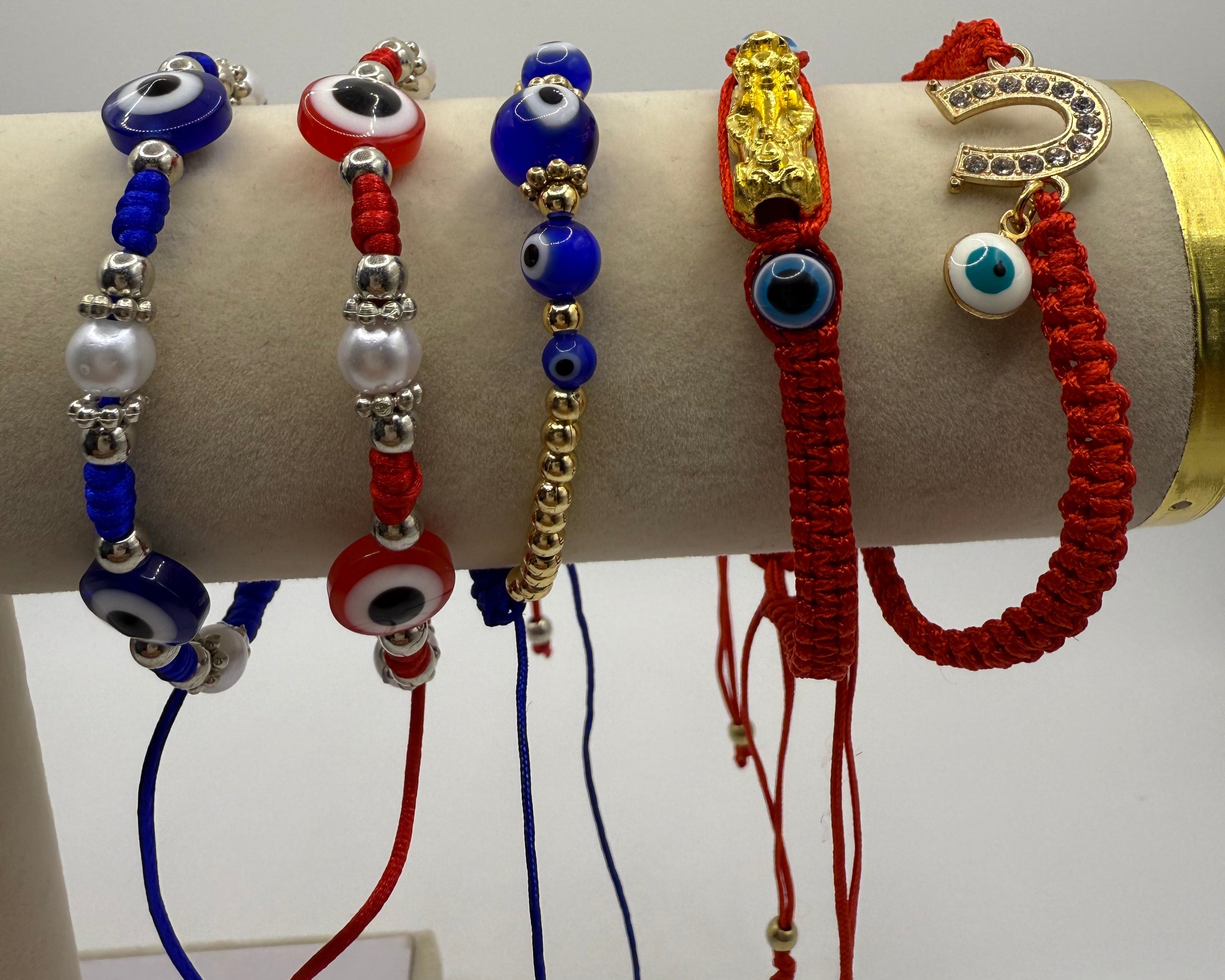 Blue Pearl Evil eye/Pixiu/Horshe Shoe/Thread Bracelet🧿Pulsera ajustable de Mal de ojo y Perlas Para la proteccion