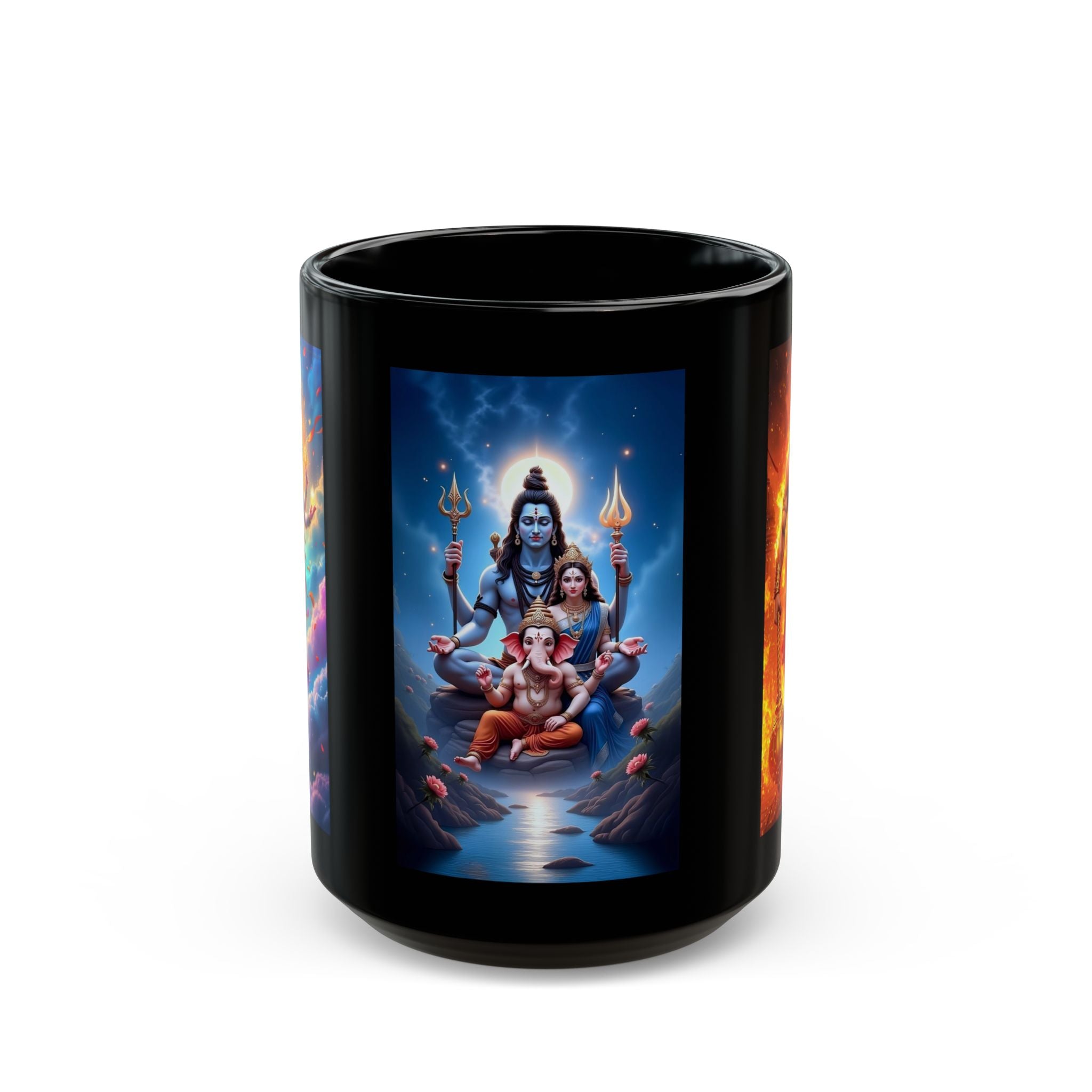 Shiva, Ganesha, Parvati Black Mug with Hindu Deities - Coffee Cup for Devotees, Gift for Diwali, Meditation, Yoga, and Daily Inspiration