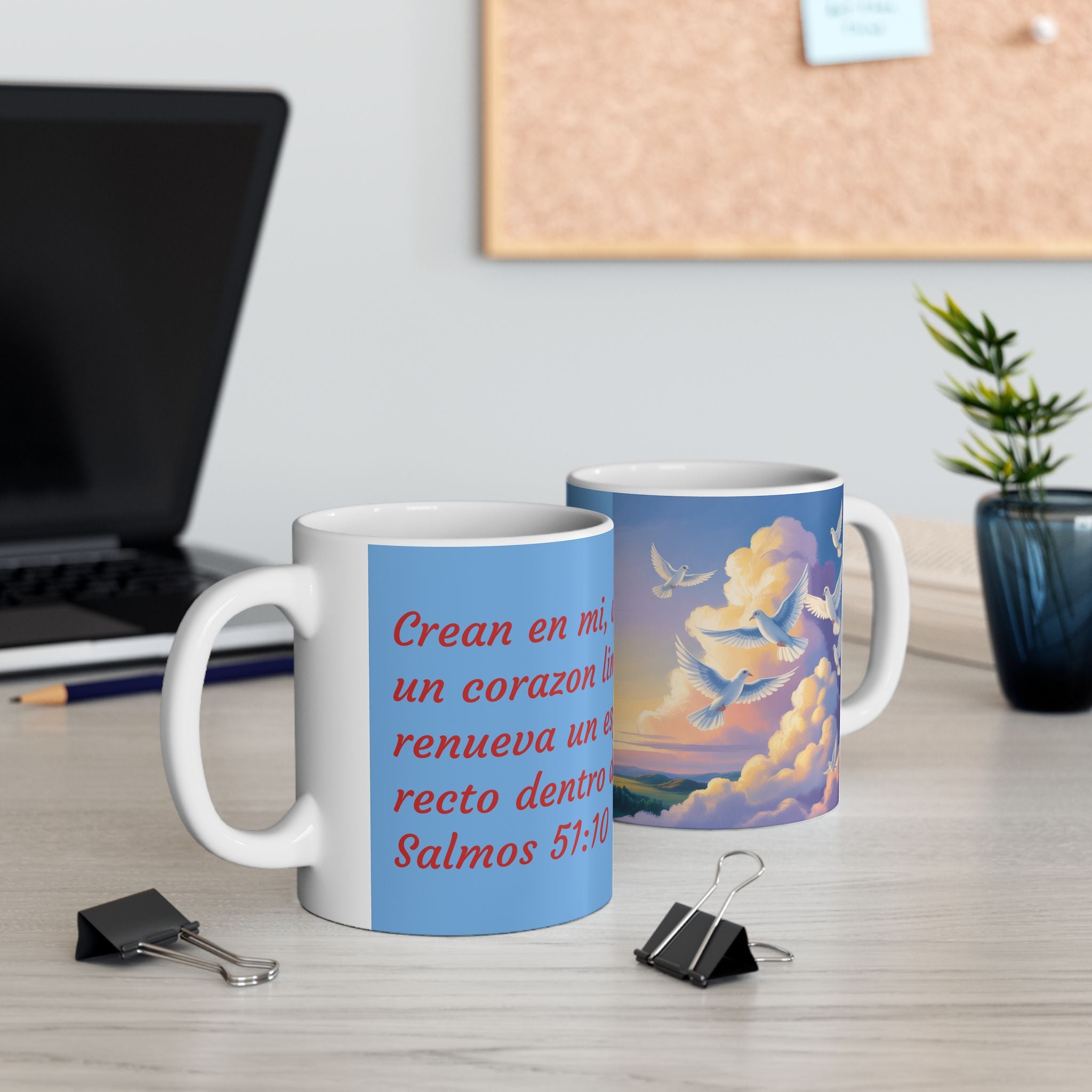 Inspirational Ceramic Mug - Uplifting Design with Biblical Quotes, Coffee Cup, Gift for Christians, Salmos 51:10, Spiritual Decor