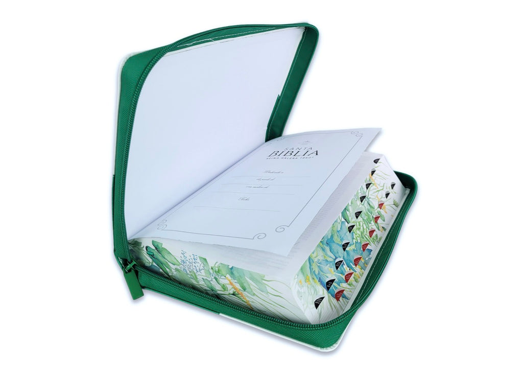 Biblia con Cierre Letra Súper Gigante 19 puntos Mediana RV1960 imit piel floral mariposa verde con índice y canto floral