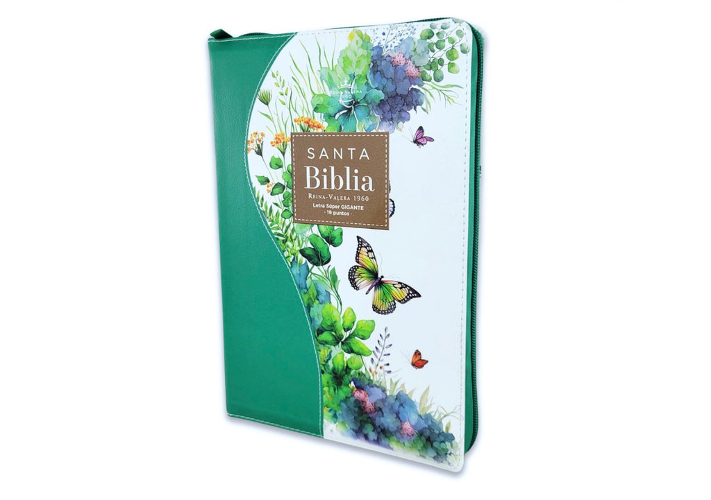 Biblia con Cierre Letra Súper Gigante 19 puntos Mediana RV1960 imit piel floral mariposa verde con índice y canto floral
